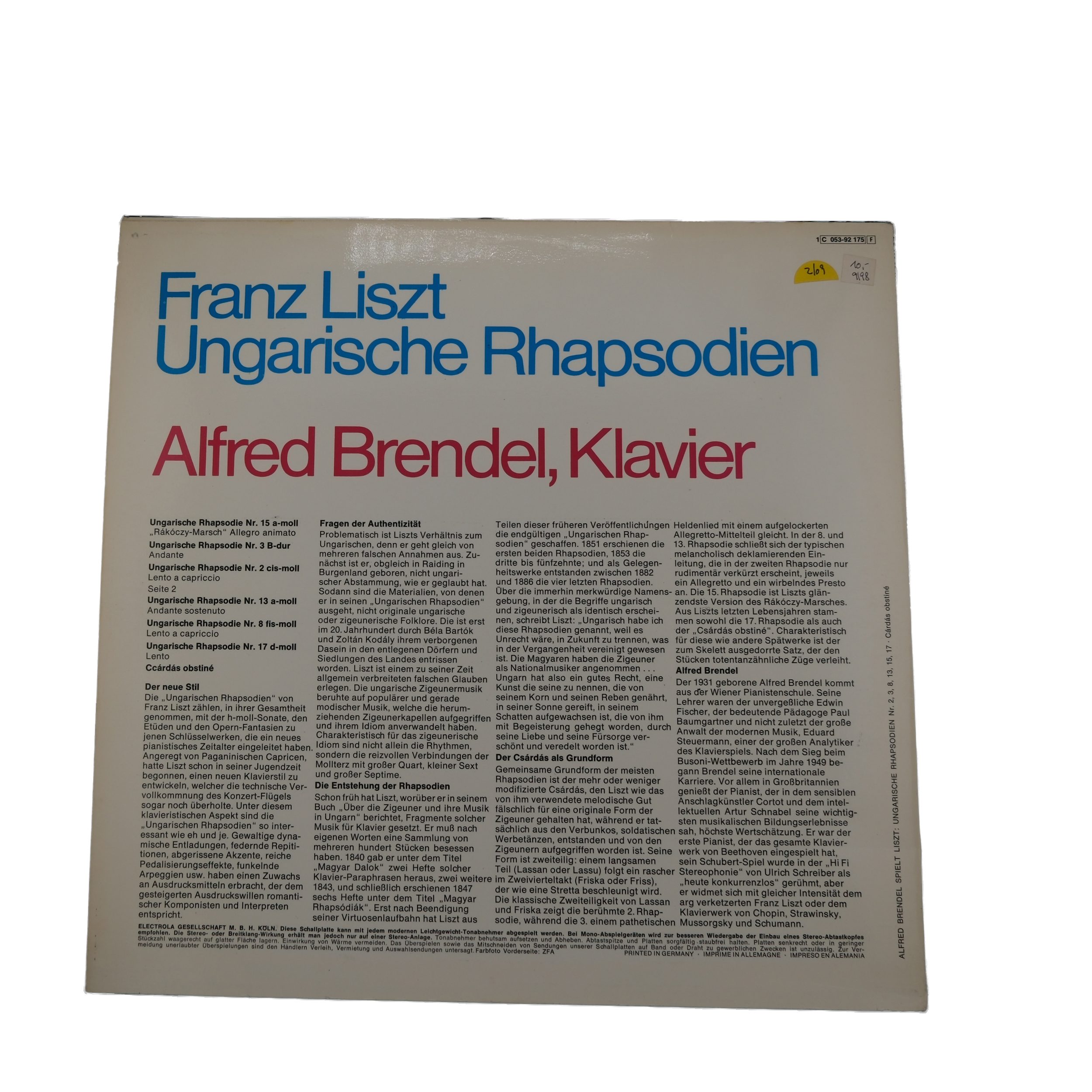 Franz Liszt - Rhapsodies Hongroises - 1984 (Vanguard) – Image 2