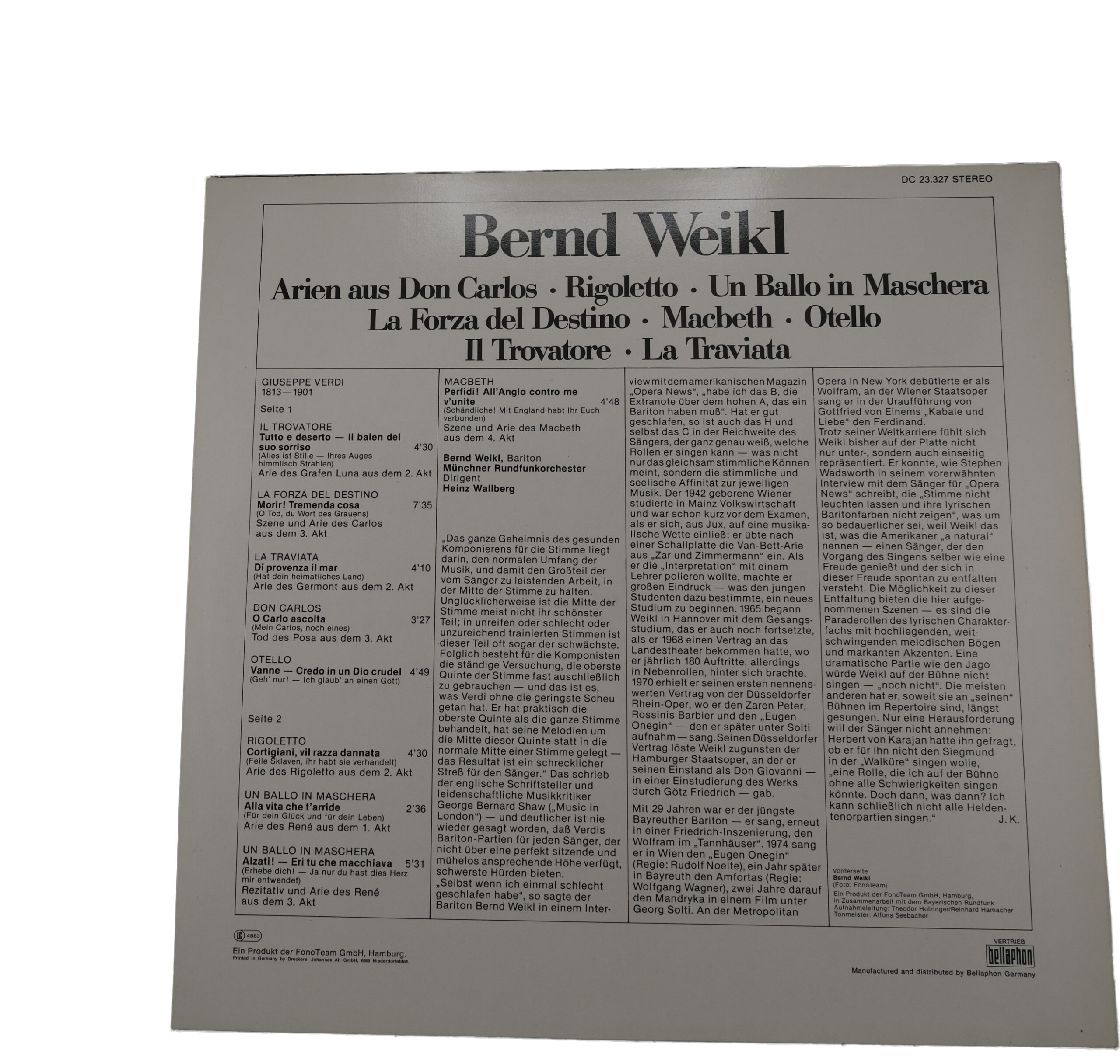 Verdi Opéras Bernd Weikl Arie 1982 Acanta – Image 2
