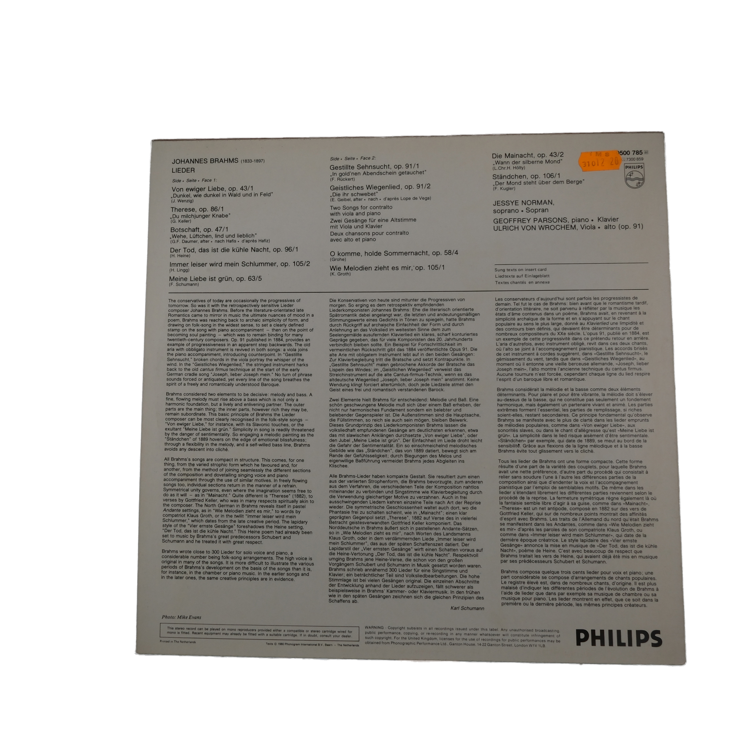 Brahms - Jessye Norman - 1980 - Philips - Stereo – Image 2