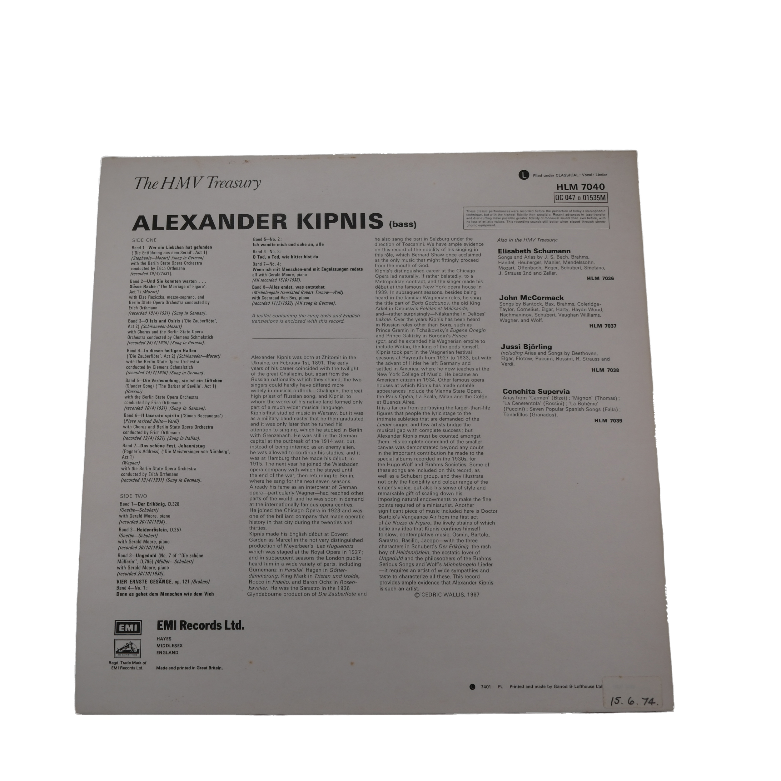 Brahms, Mozart, Verdi, Wagner - Alexander Kipnis 1974 His Master's Voice – Image 2