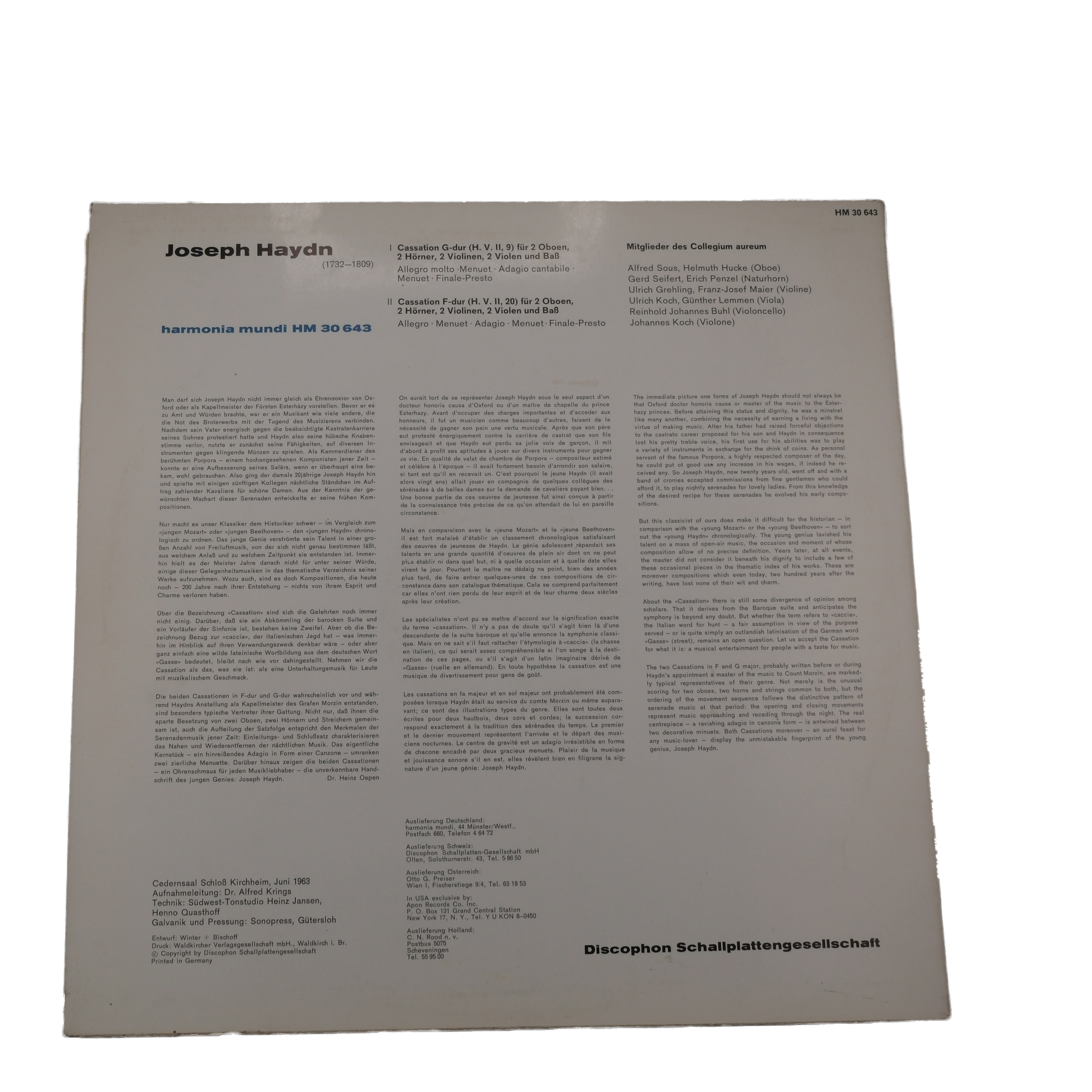 Haydn Cassation 1963 Harmonia Mundi Mono Mitglieder des Collegium aureum – Image 2