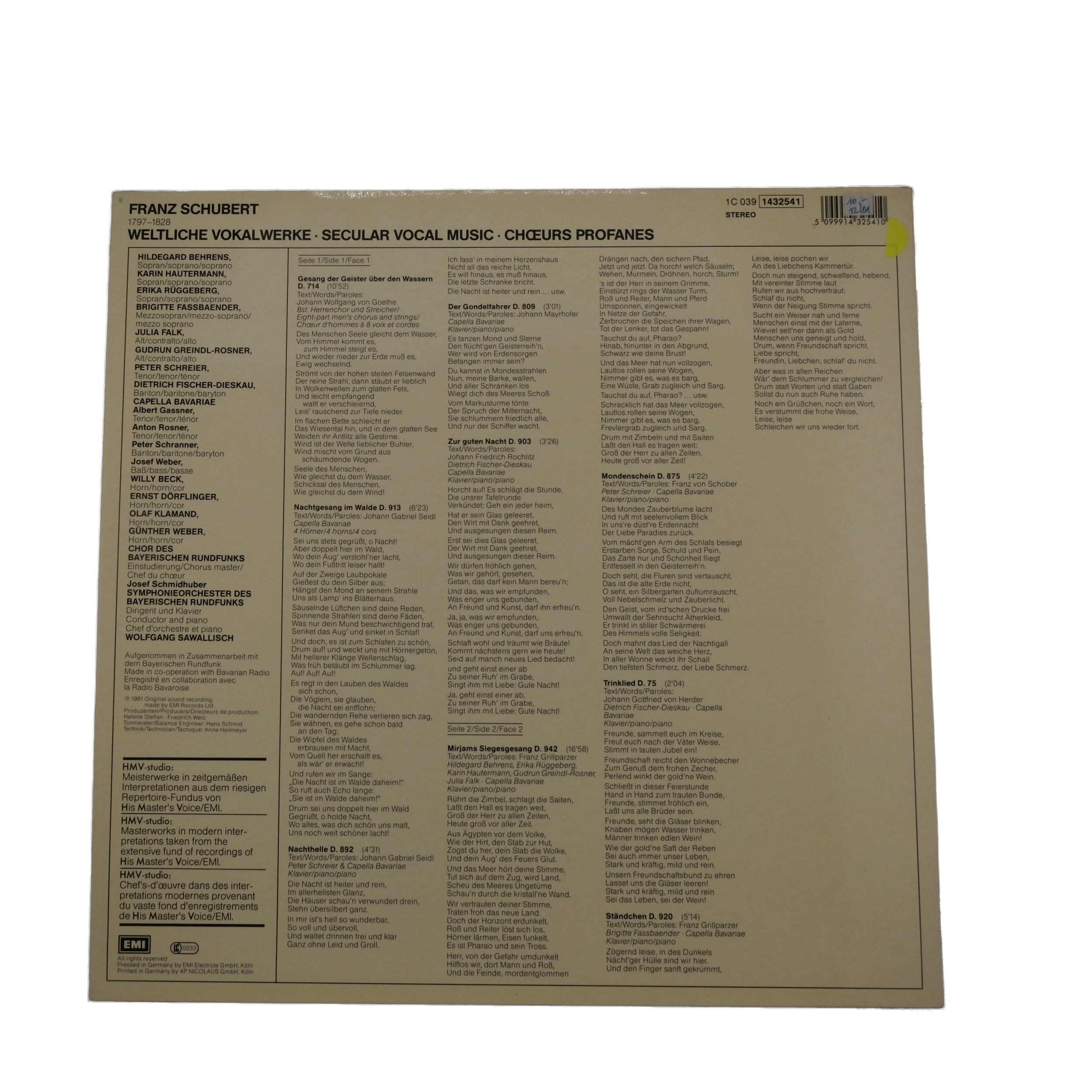 Schubert, Sawallisch, Behrens: Œuvres Vocale, 1981 – Image 2