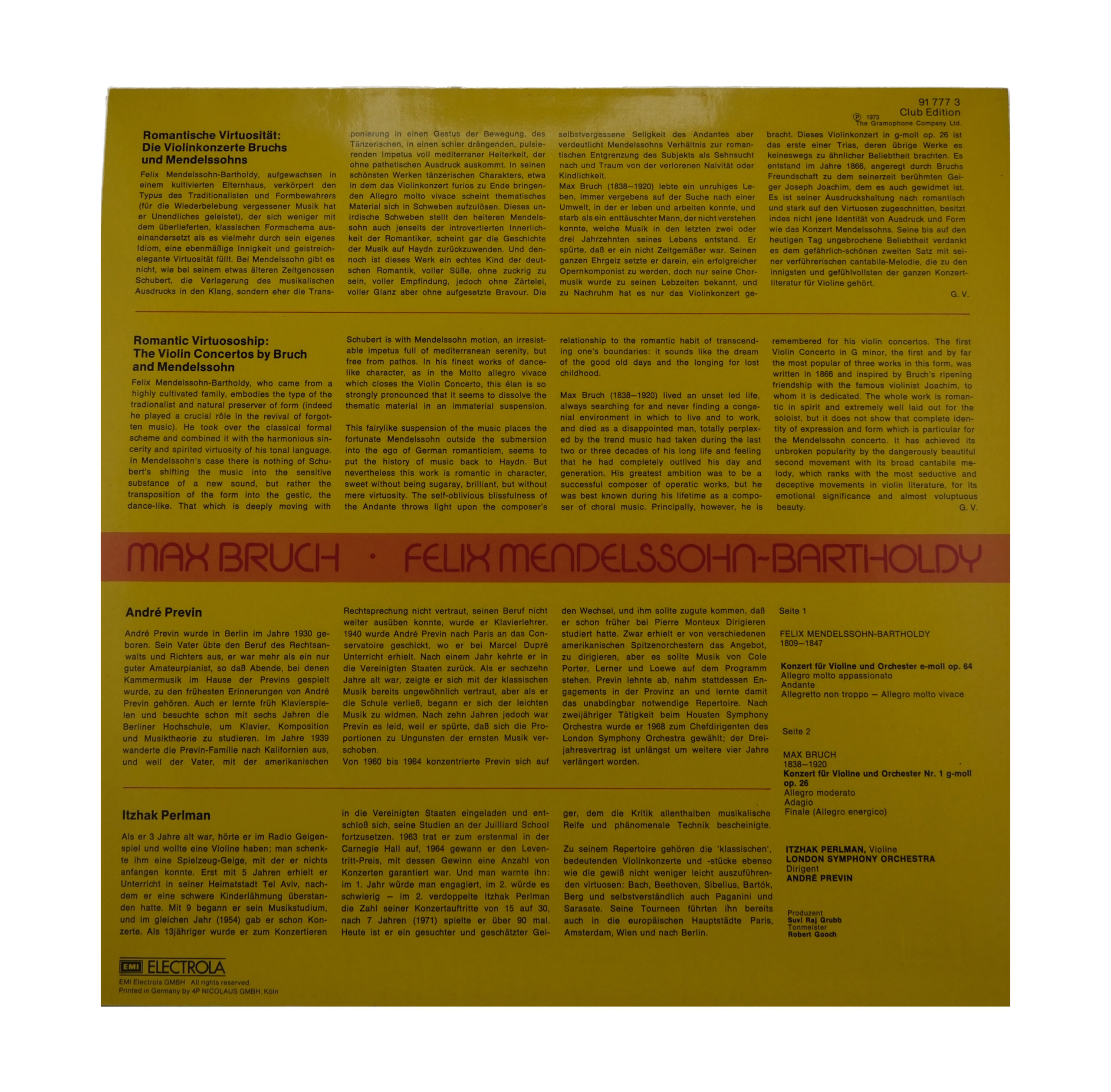 Bruch Mendelssohn Perlman Previn Concerto pour Violon 1975 – Image 2