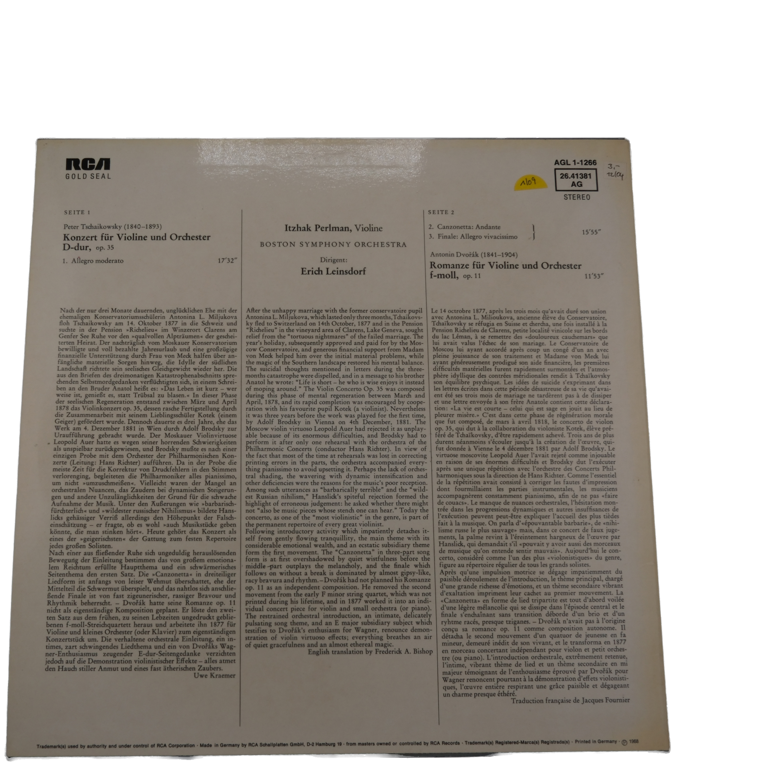 Tschaikowsky, Dvorák - Boston SO, Leinsdorf - Concertos, Romance – Image 2