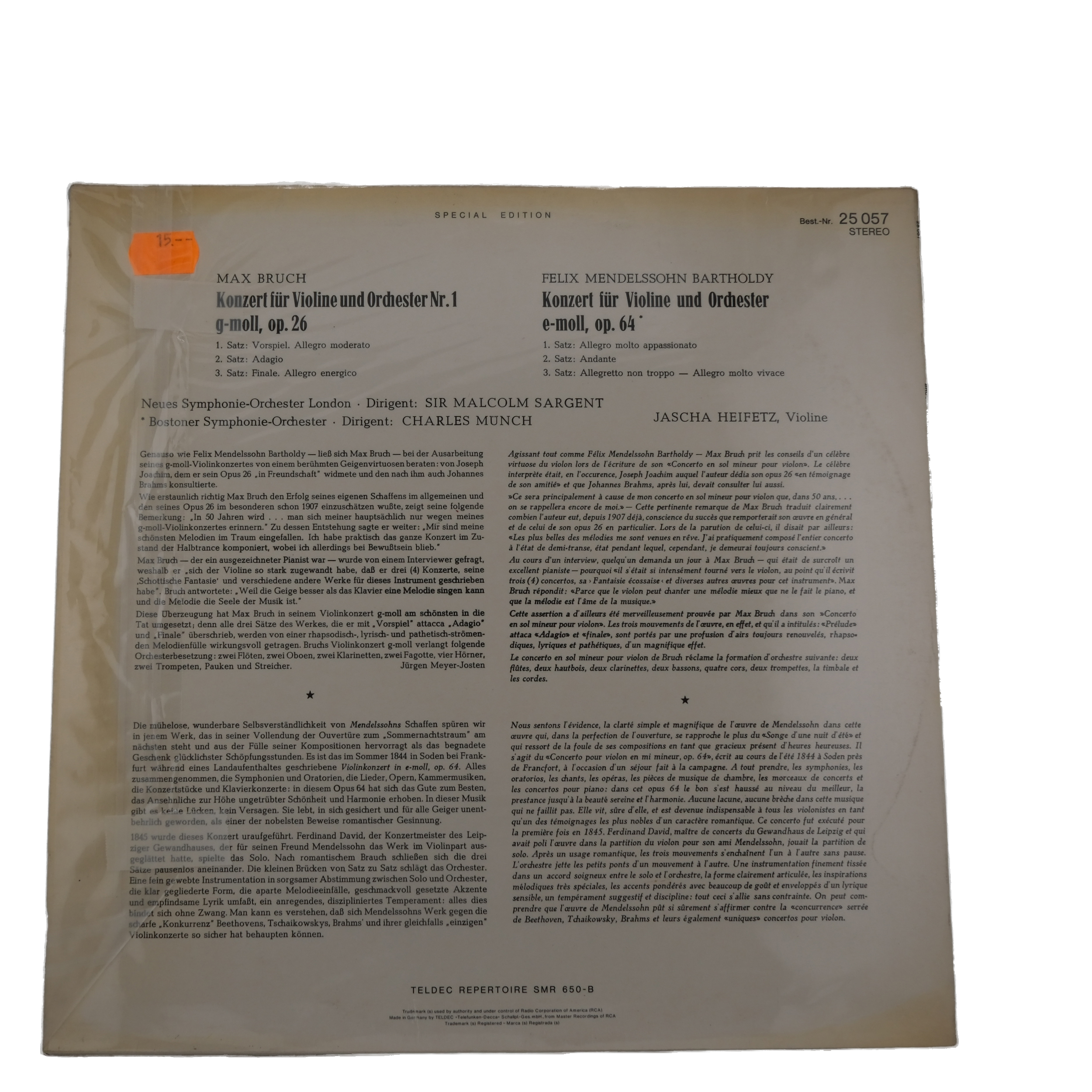 Bruch/Mendelssohn: Concertos Violon - RCA, Stereo – Image 2