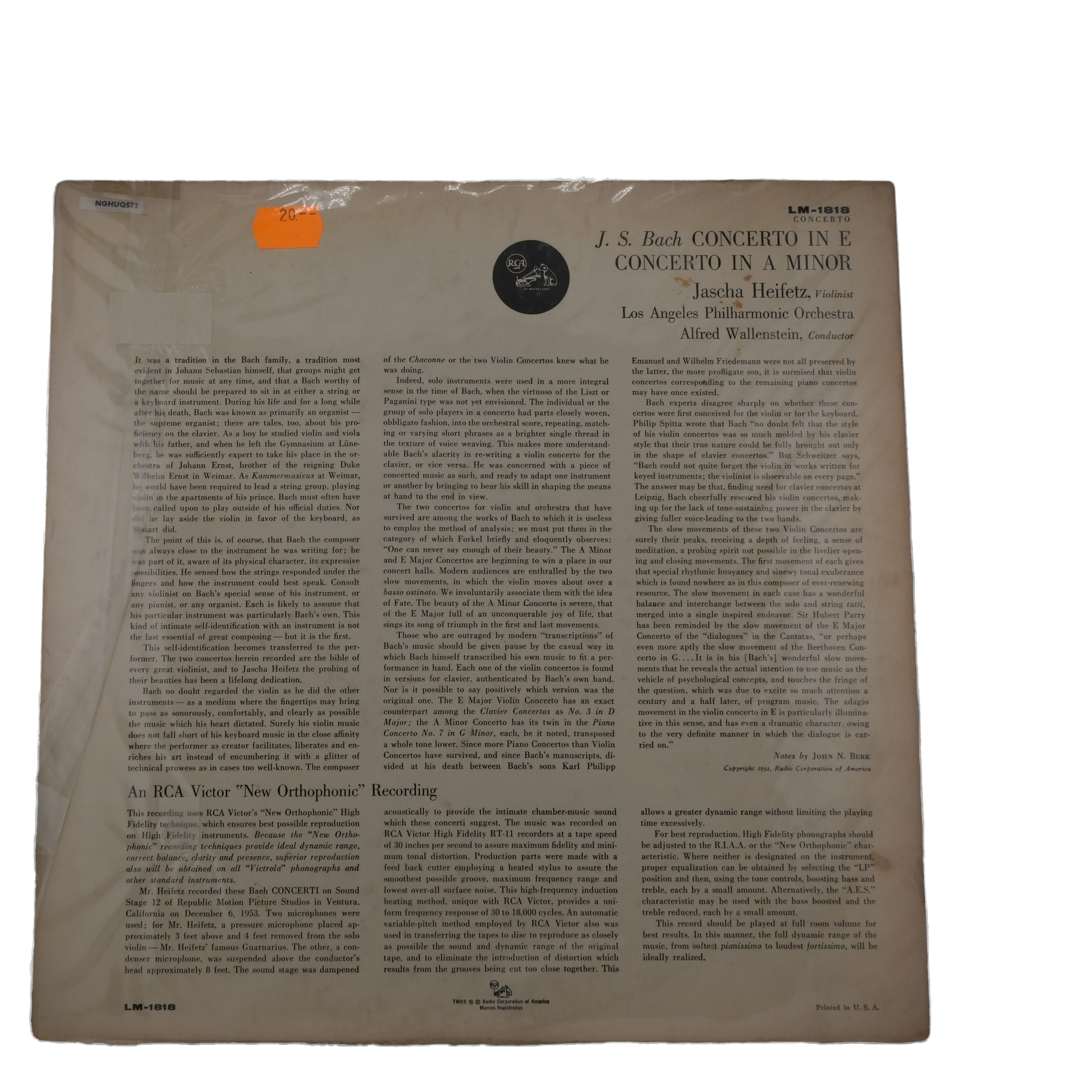 Bach: Deux Concertos - Heifetz, Wallenstein - 1954 – Image 2