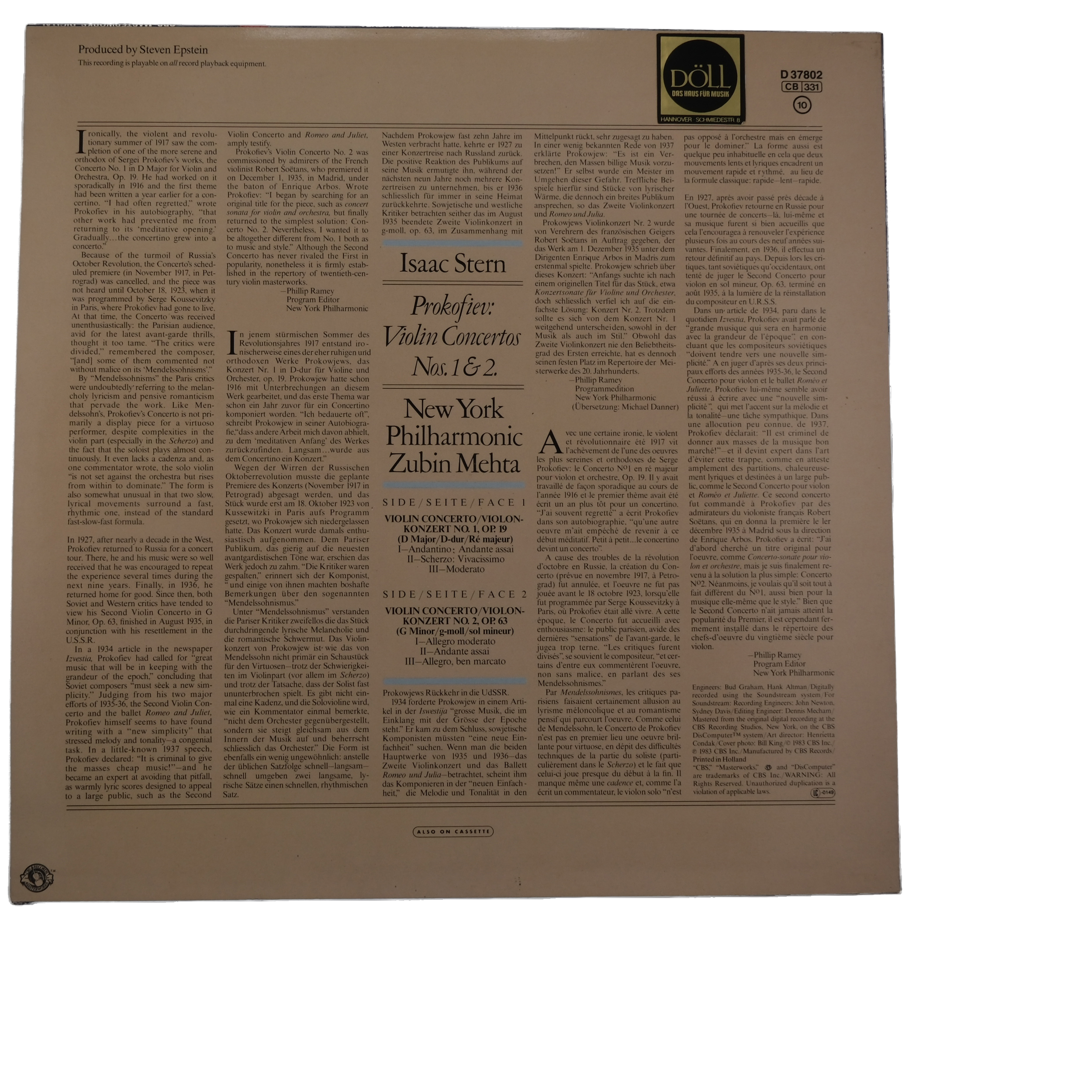 Prokofiev Violin Concerto No. 1 & 2, 1983 CBS Masterworks – Image 2