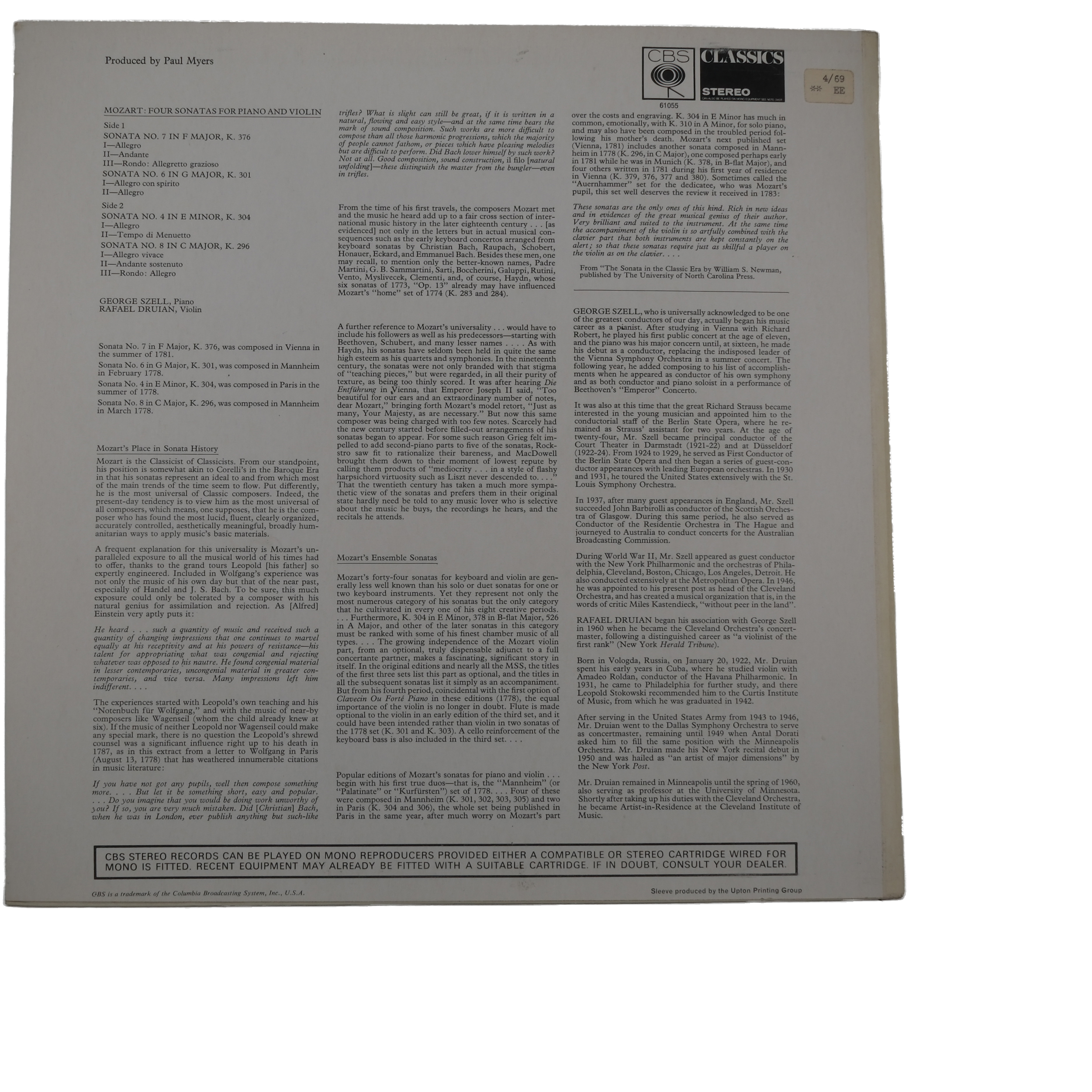 Mozart Szell Druian Sonates pour Piano et Violon 1969 Stéréo – Image 2