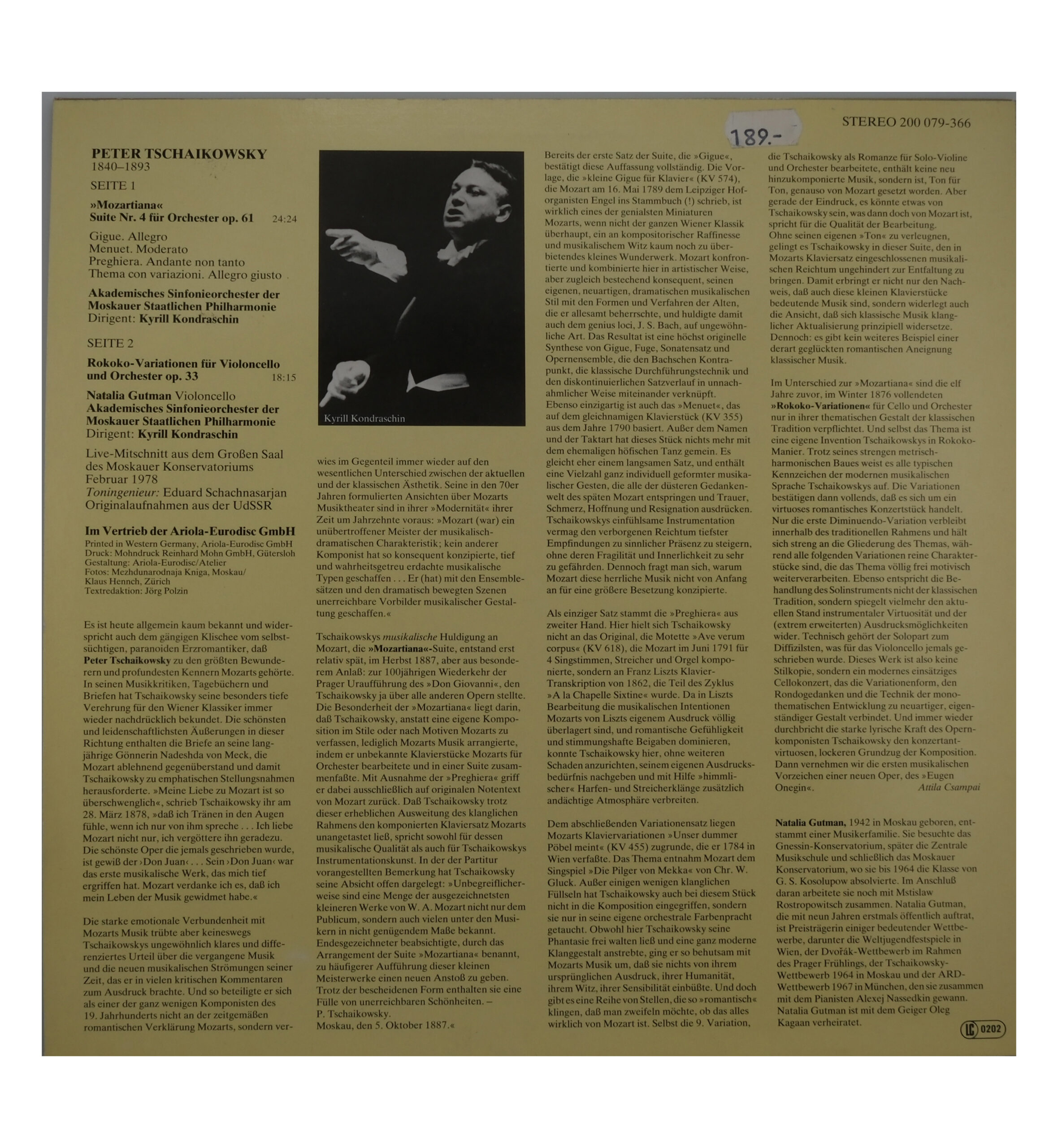 Tchaïkovski - Kyrill Kondraschin - Variations Rokoko & Mozartiana (1979)