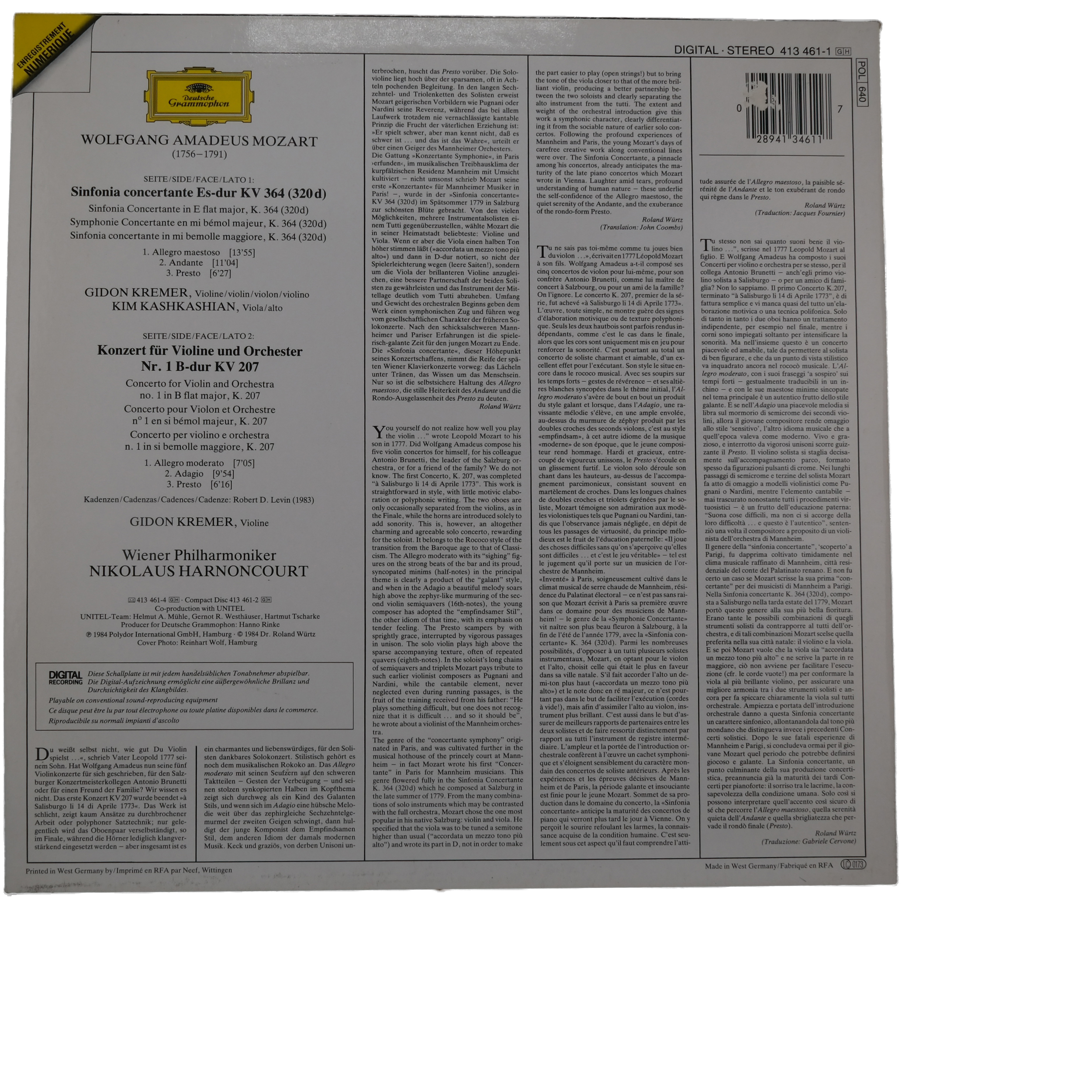 Mozart: Sinfonia Concertante, Harnoncourt, Kremer & Kashkashian, 1984 – Image 2