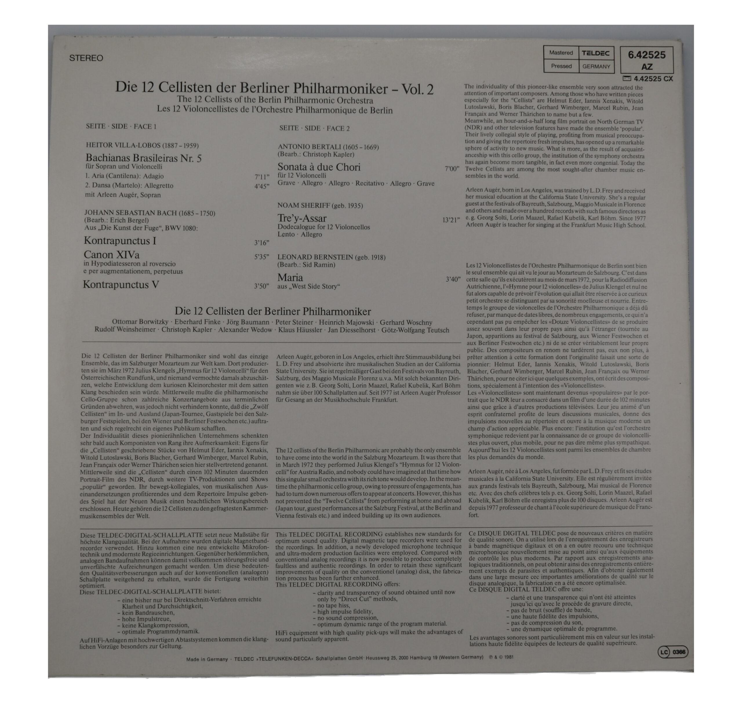 Bachianas Brasileiras Nr.5 | Bach Bernstein Bertali | 1981 Telefunken – Image 2
