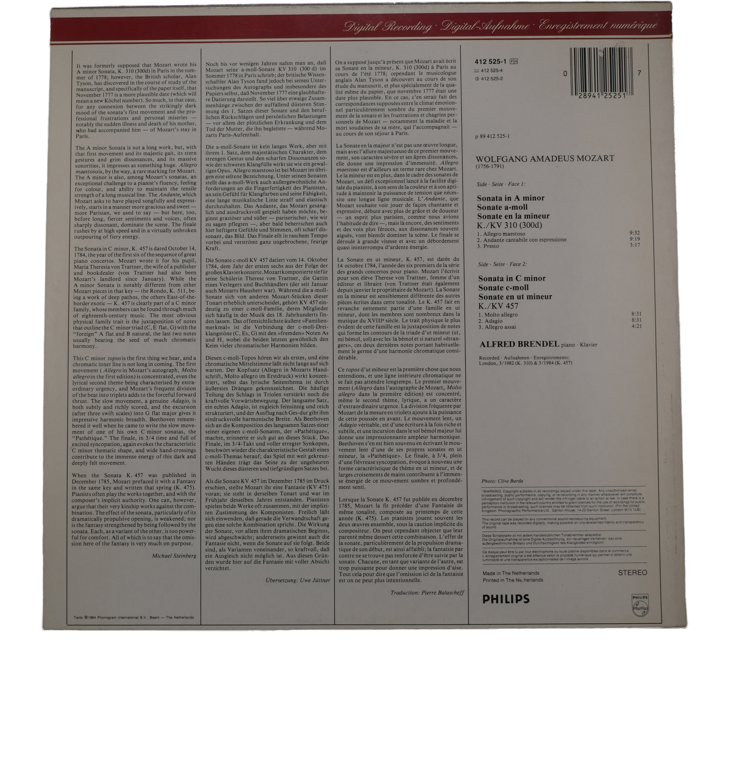 Mozart: Alfred Brendel, Sonates Piano en La et Ut Mineur 1984 – Image 2