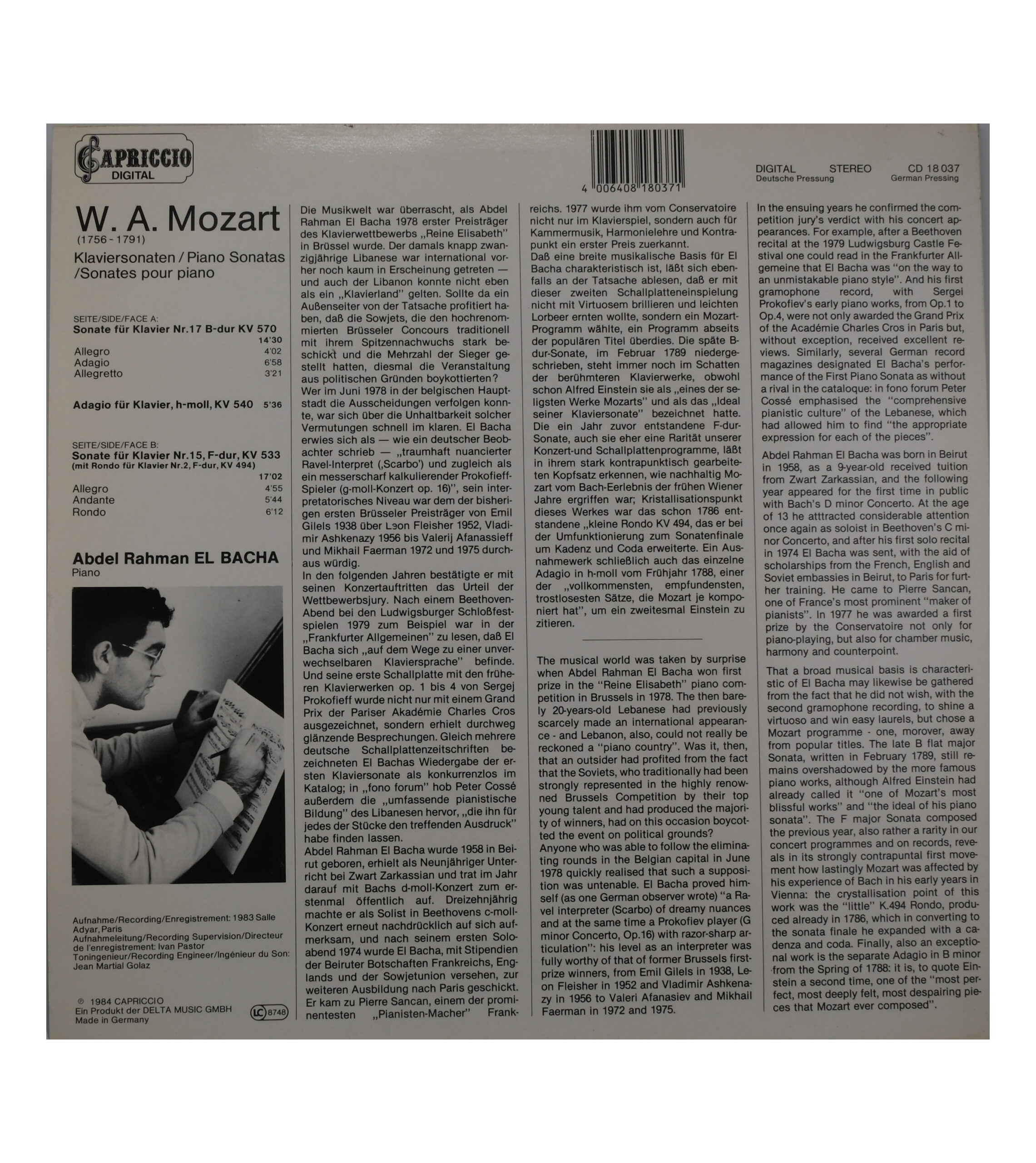 Mozart - Sonates Pour Piano, 1984, Capriccio (2) – Image 2