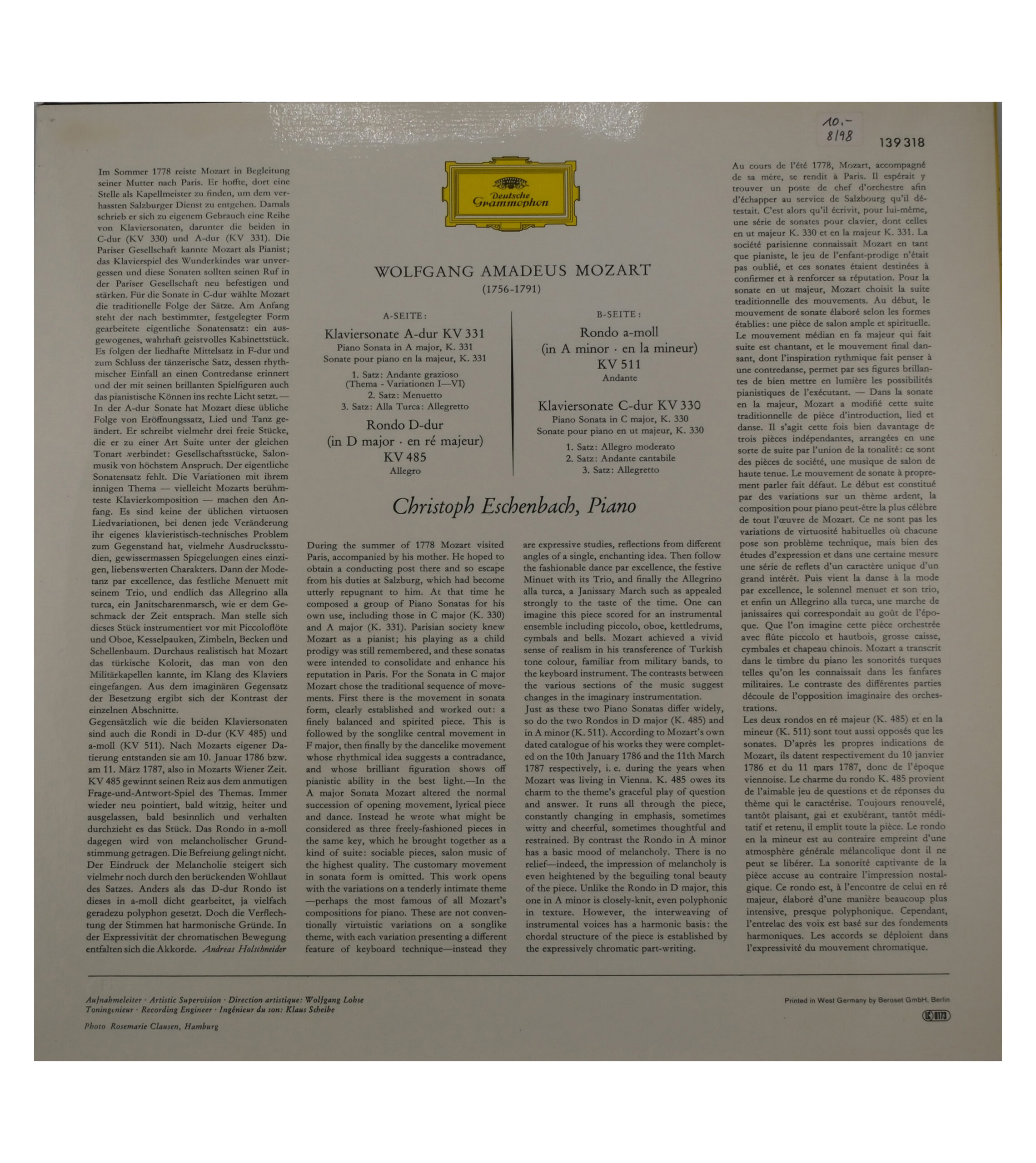 Mozart: Sonates KV 330 & 331, Rondo KV 485 1967 Deutsche Grammophon – Image 2