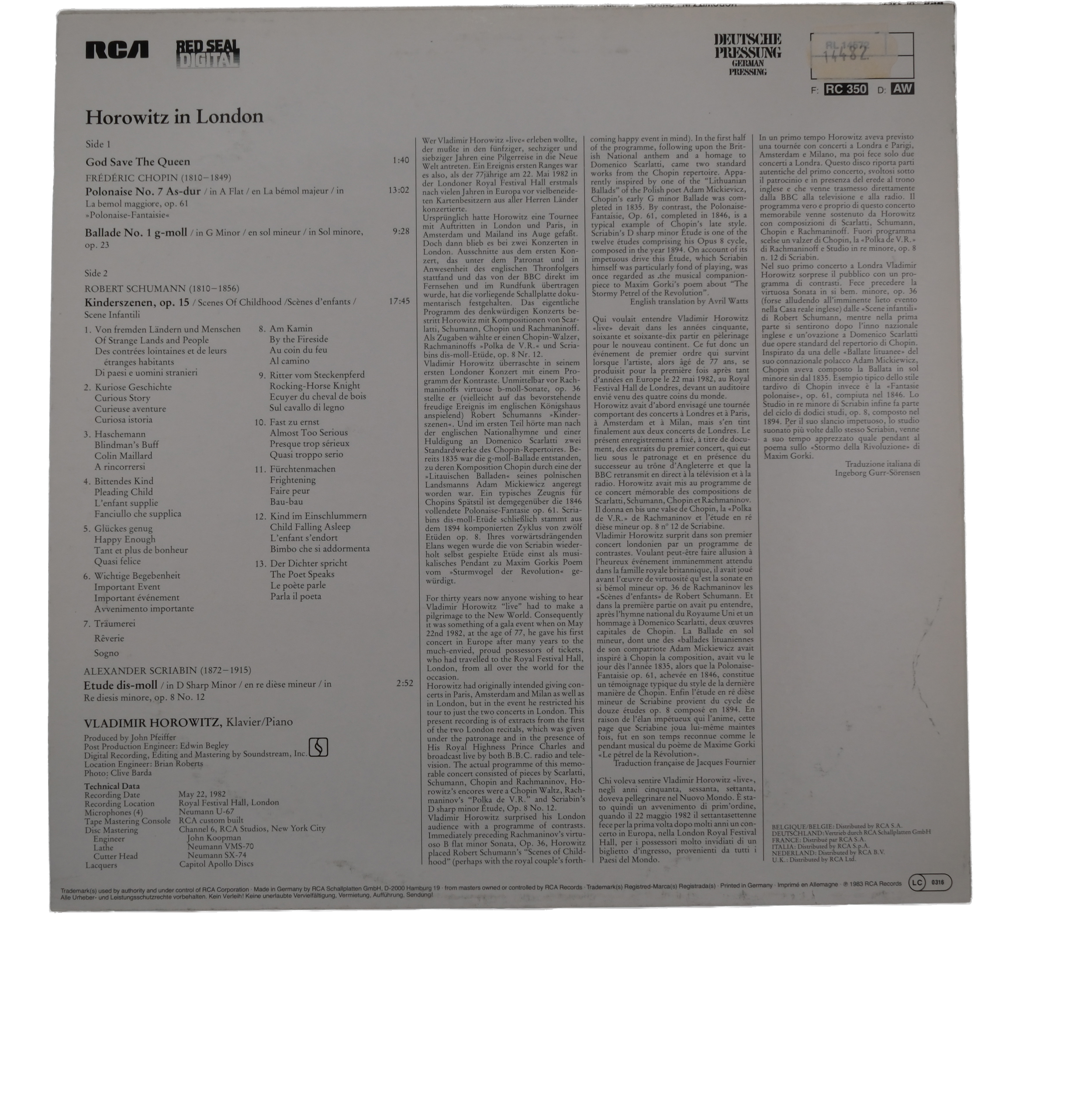 Horowitz: Œuvres de Chopin, Schumann, Scriabin (1983) – Image 2