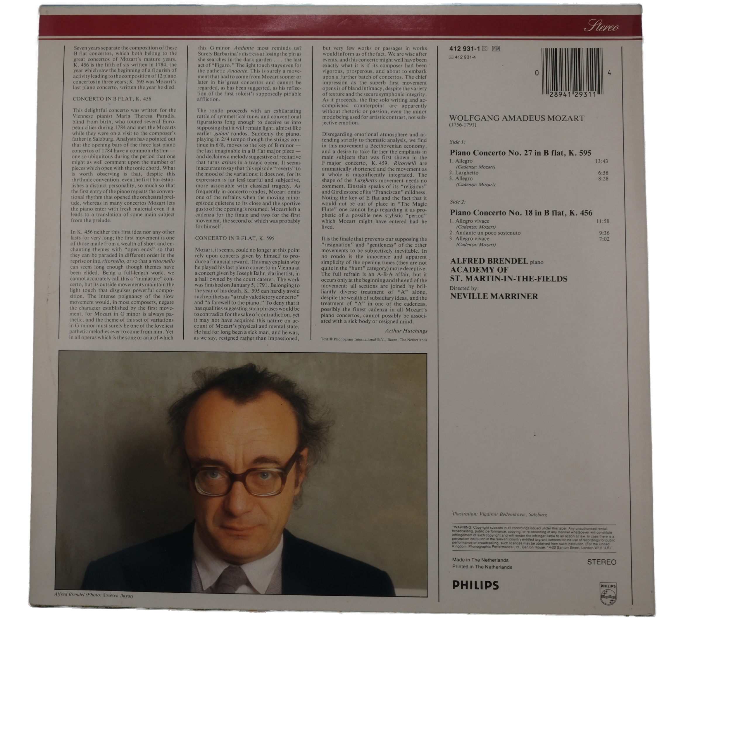 Mozart, Brendel, Neville Marriner : Concertos Piano Nos 18 & 27 (1985) – Image 2