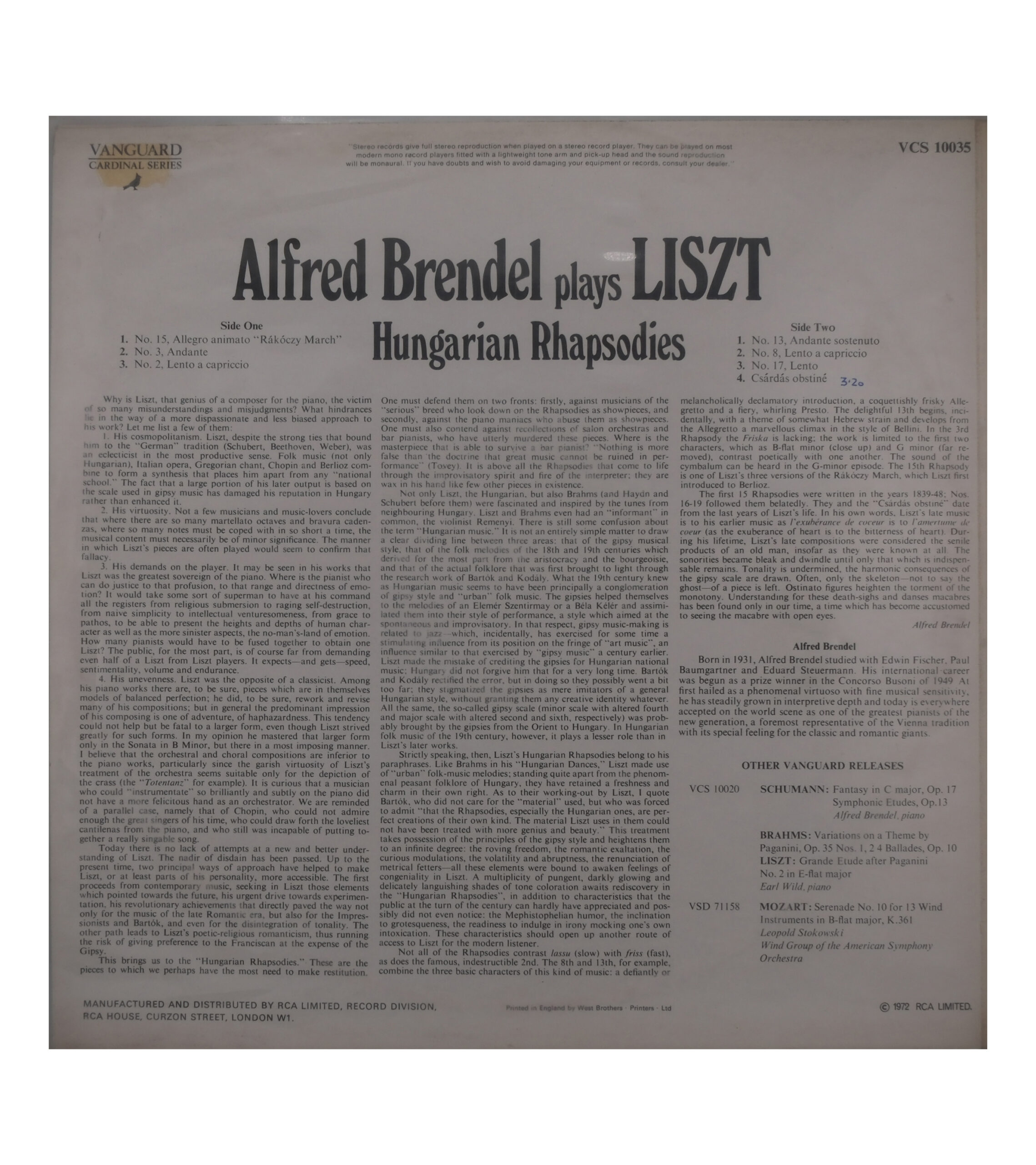 LISZT par Alfred Brendel - Rhapsodies Hongroises - 1972 Vanguard – Image 2