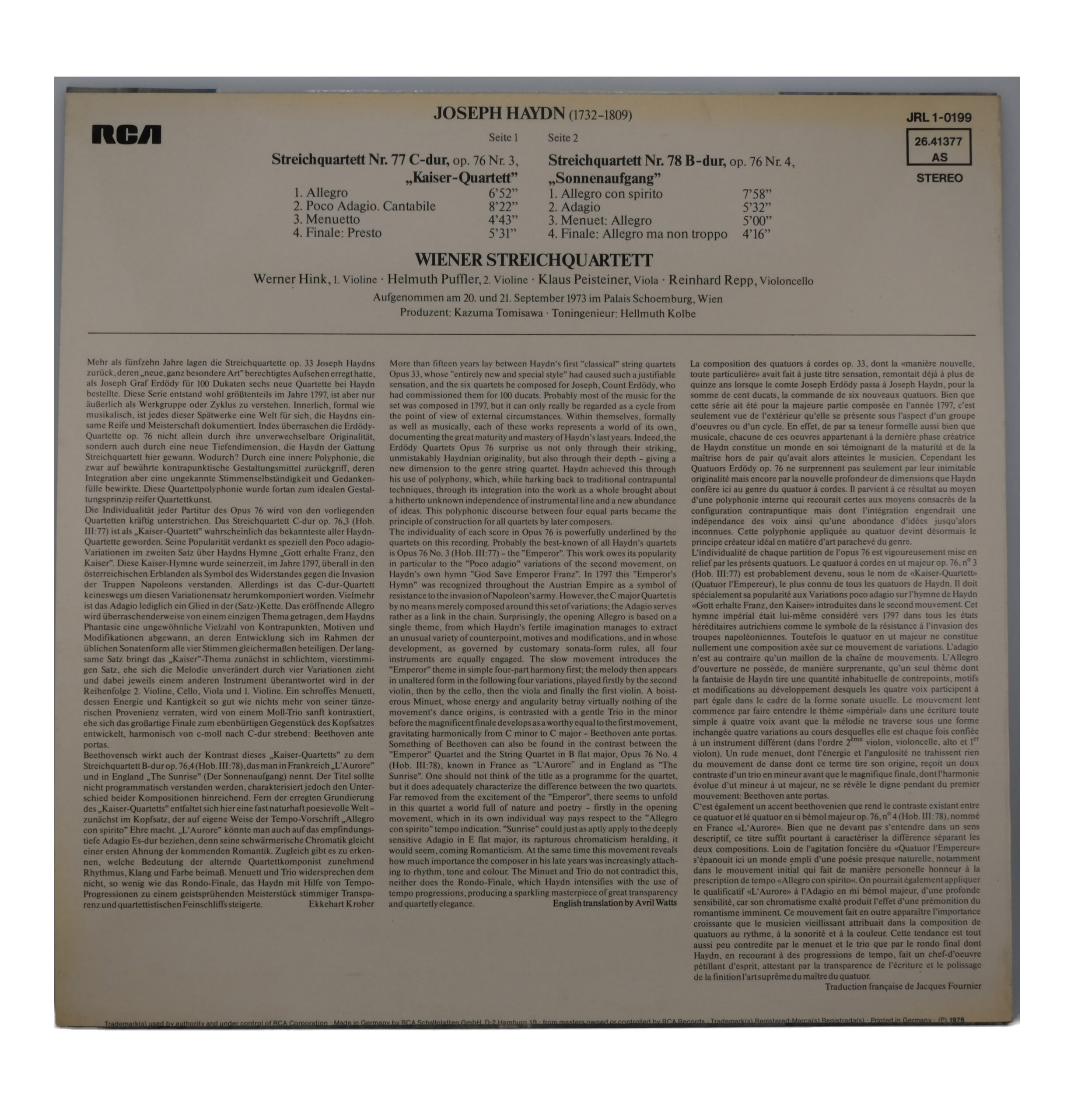 Haydn, Hink, Quatuors Op.76 3 & 4, RCA 1976 Stereo – Image 2