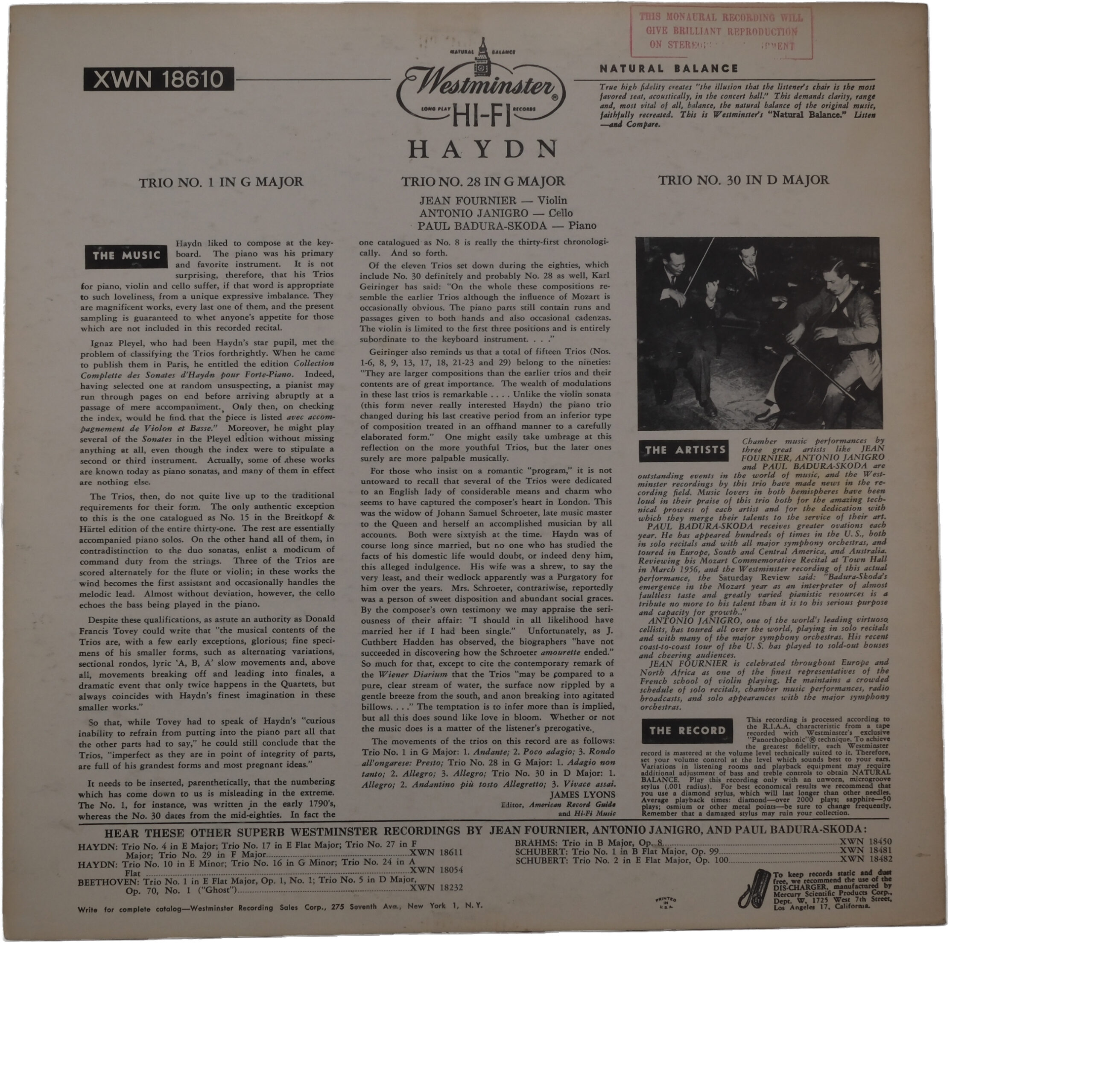 Haydn: Trios par Fournier, Janigro, Badura Skoda, 1955 – Image 2