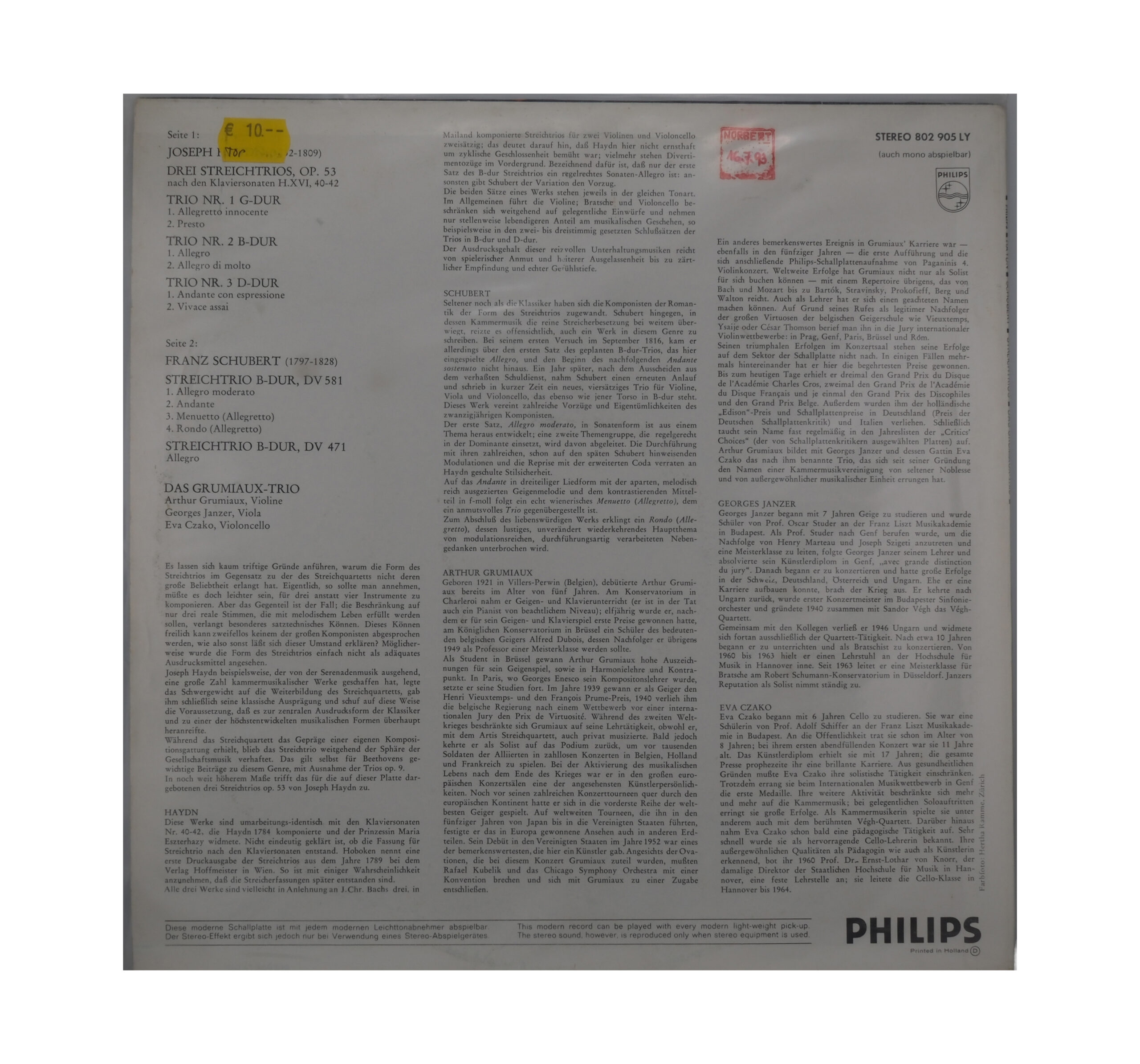 Haydn Schubert String Trios Philips Das Grumiaux Trio Stereo