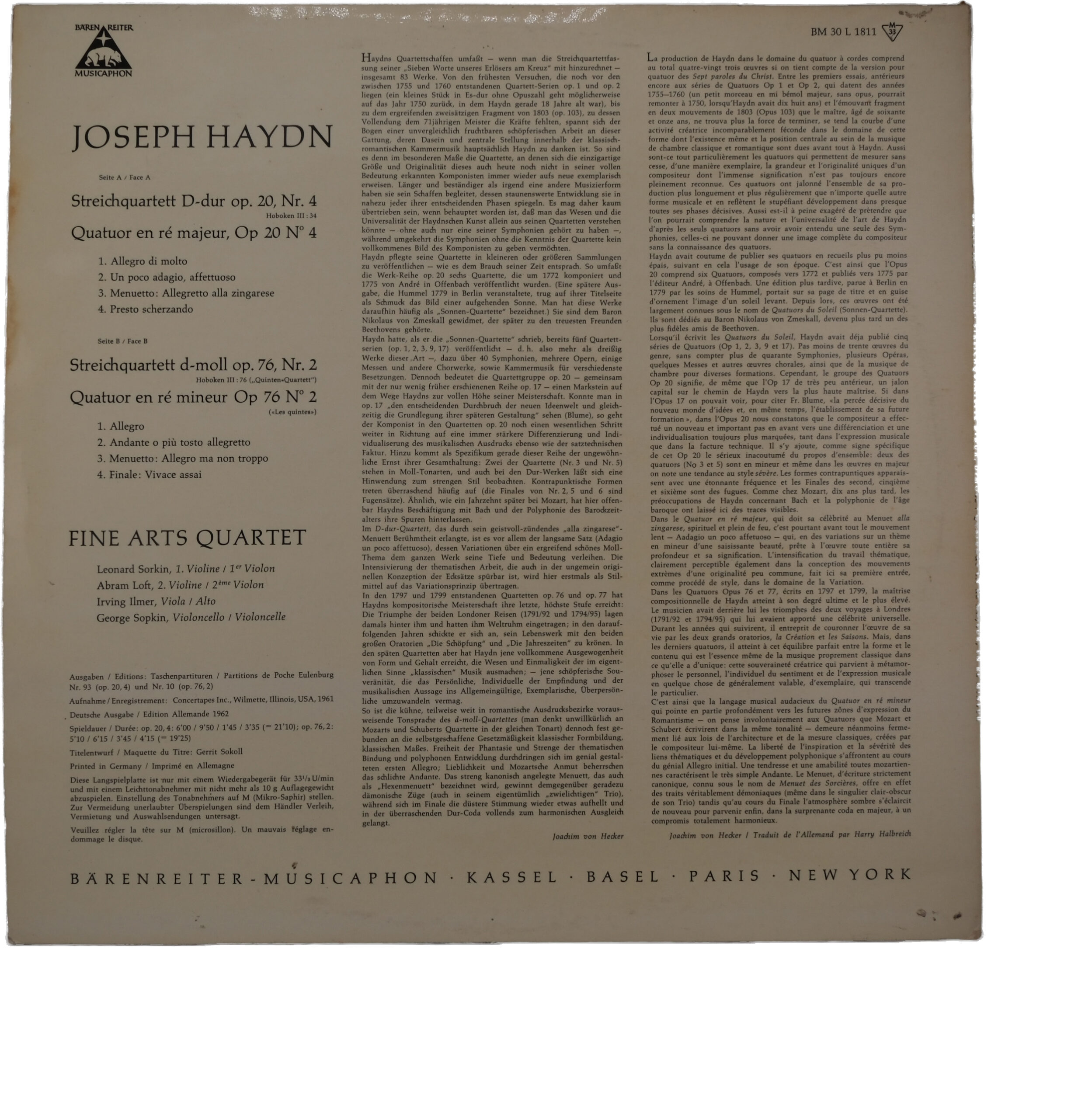 Haydn par Fine Arts Quartet Quartets Op. 20 & 76 (1962) – Image 2