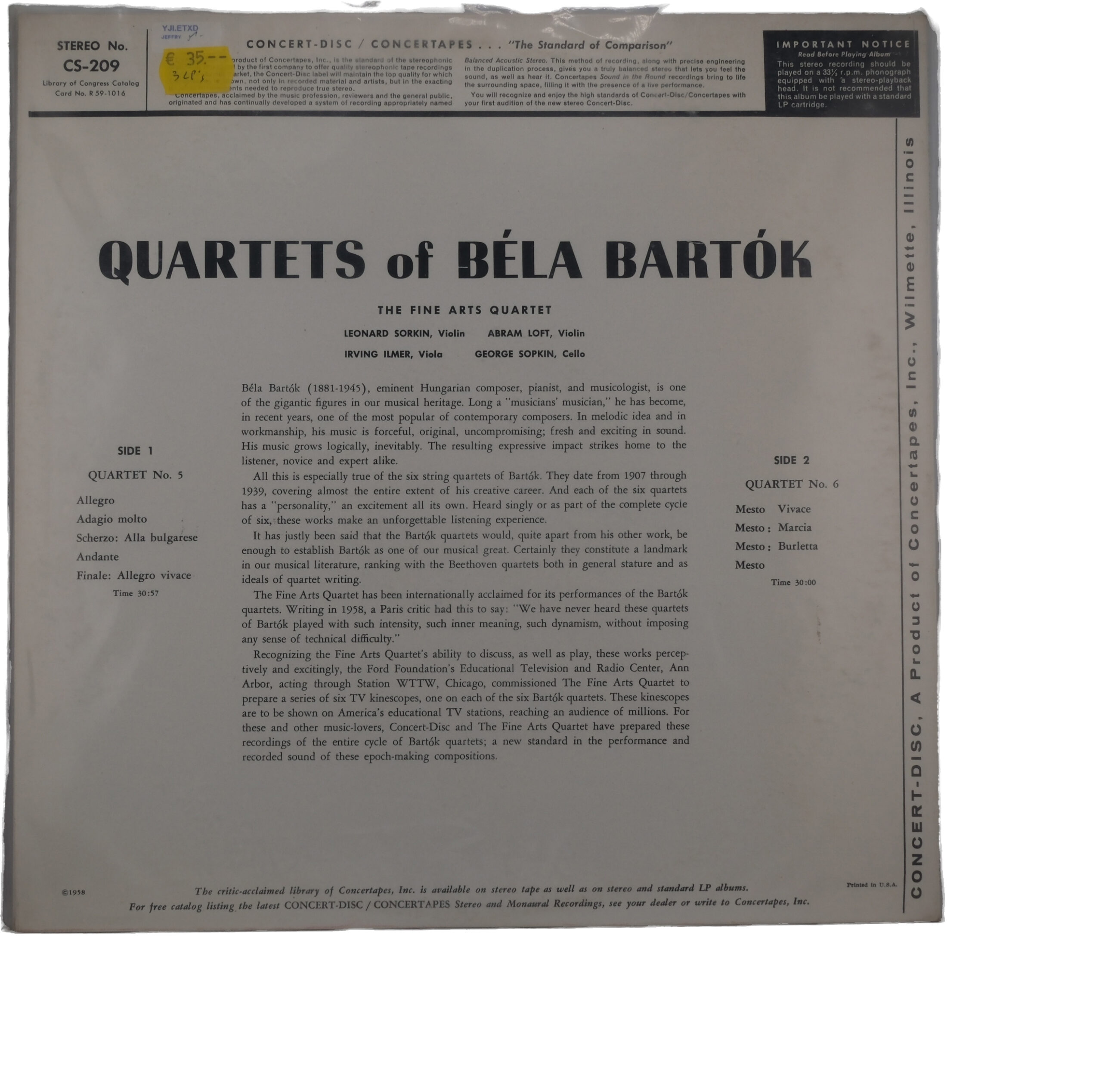 Bartok Fine Arts Quartet Quatuors à Cordes Nos 5 & 6 (1961)