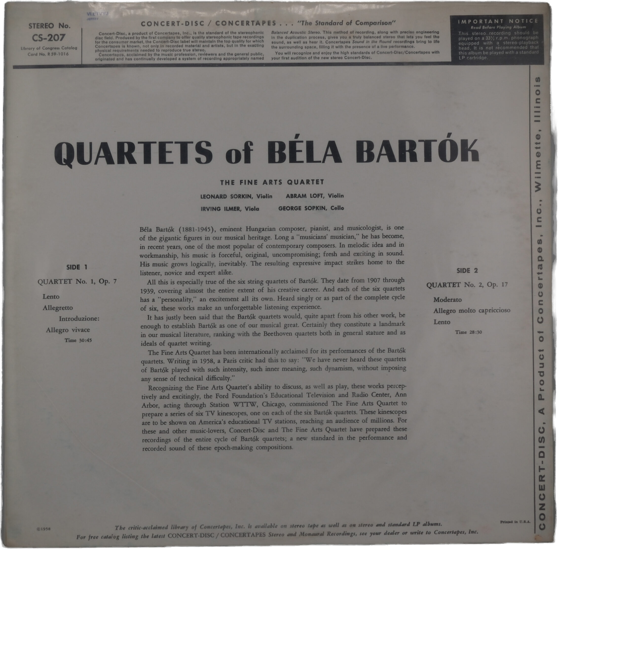 Béla Bartók - Quartet No. 1 & 2 (1959) - Concert-Disc – Image 2
