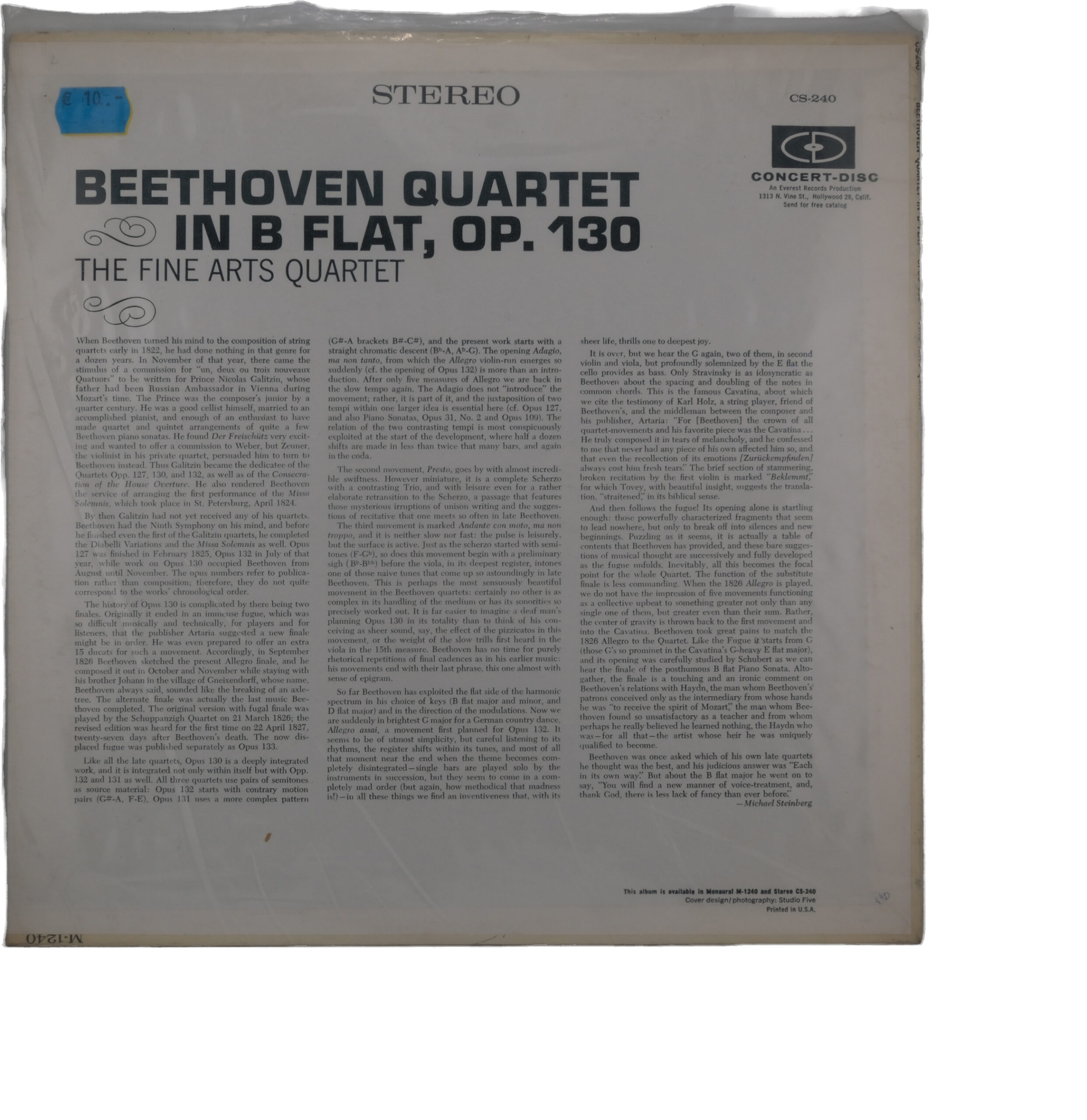 Beethoven Quartet In B Flat, Op. 130, 1964, Concert-Disc, Stereo – Image 2