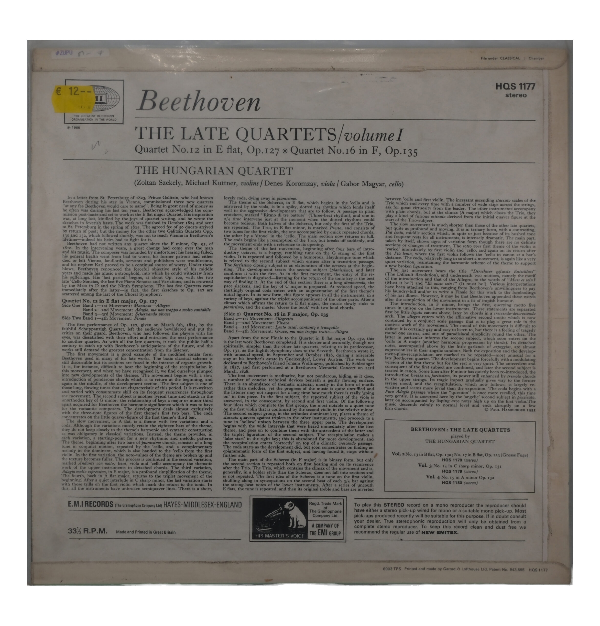 Beethoven: Quartets 12 & 16 - The Hungarian Quartet, HMV 1966