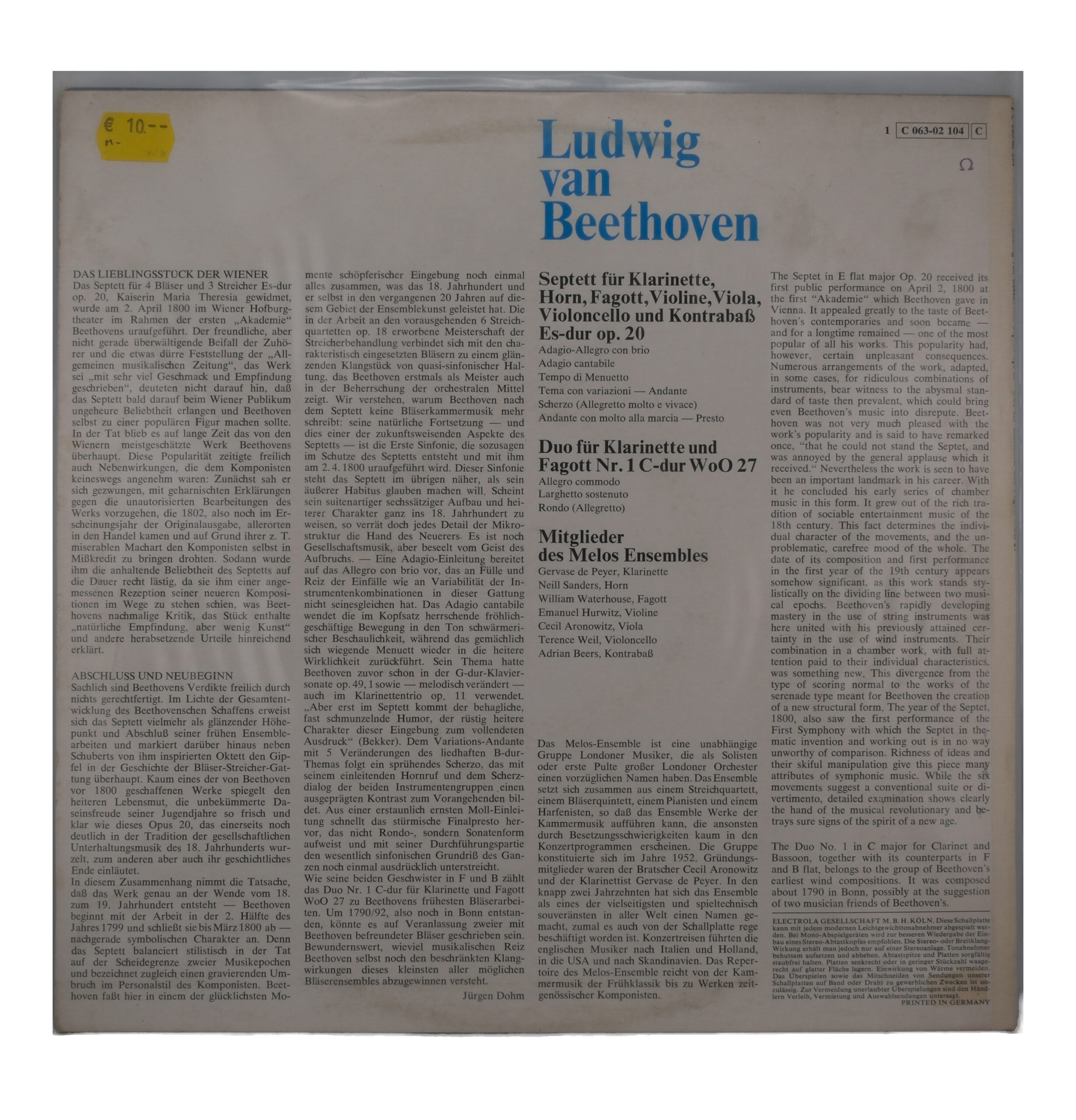 Beethoven, Melos Ensemble London - Septuor et Duo (1967) – Image 2