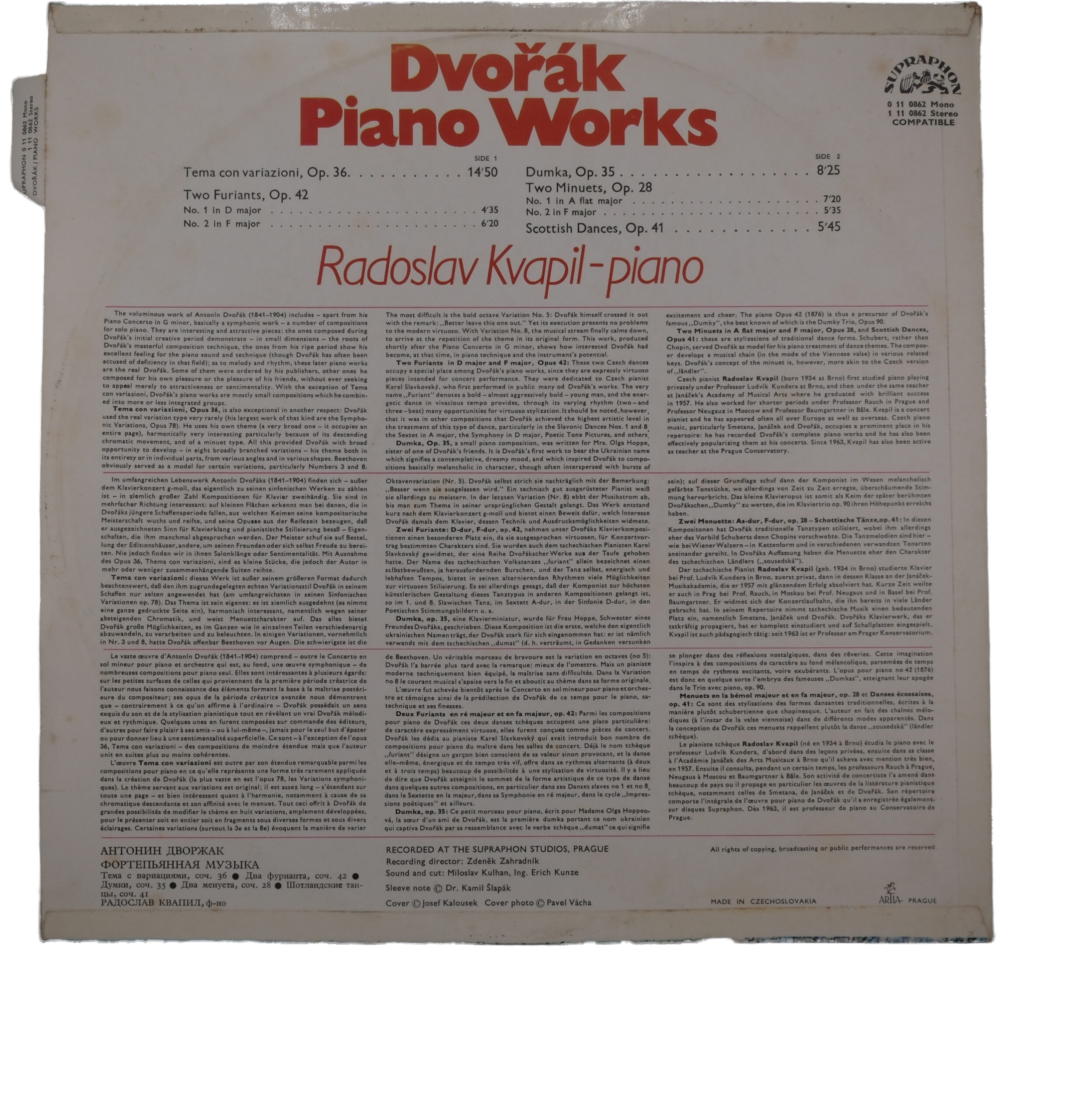 Dvorak: Œuvres pour Piano, Radoslav Kvapil, 1981, Supraphon – Image 2