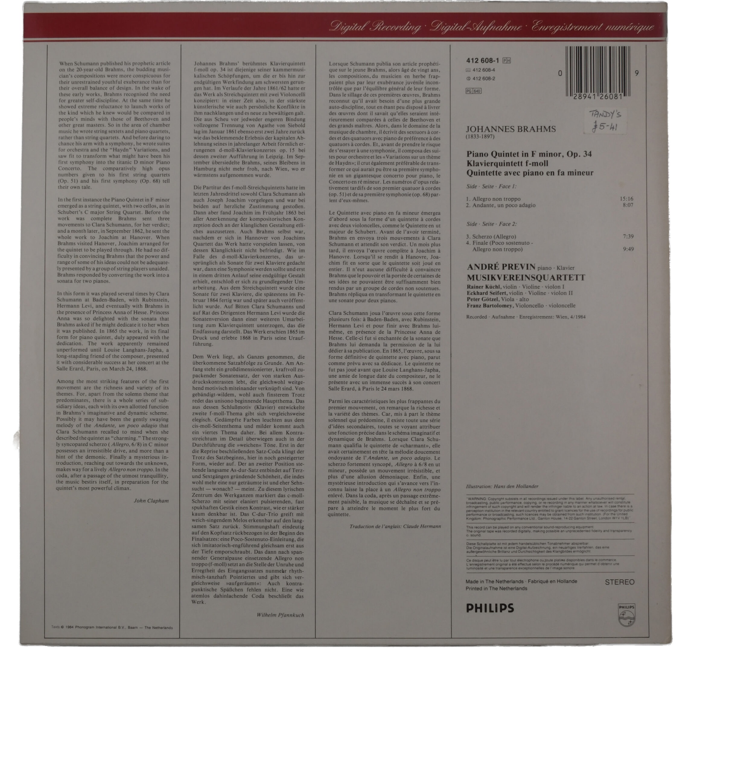 Brahms Piano Quintet Op. 34 - Andre Previn 1984 Philips – Image 2