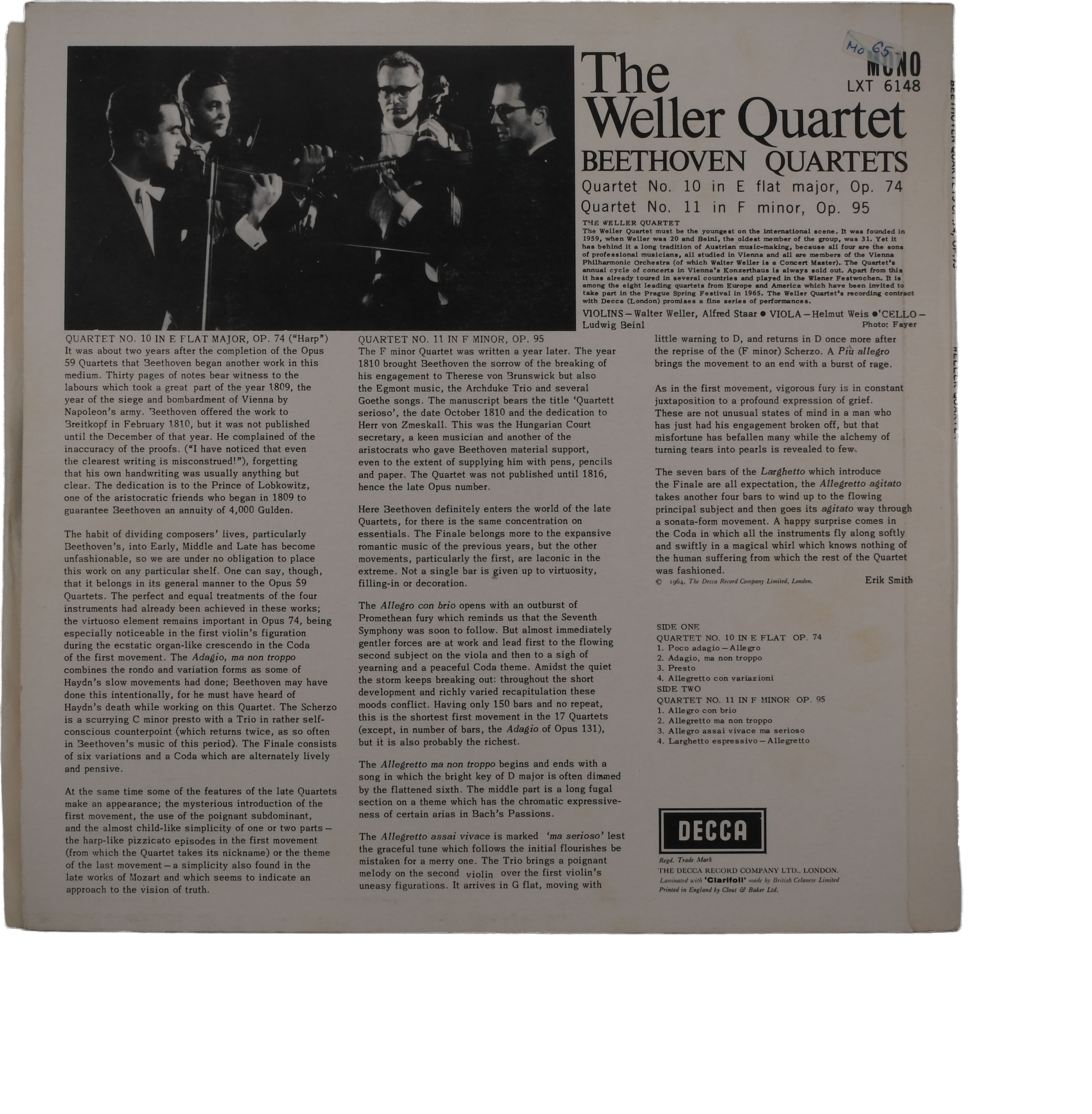 Beethoven Quartet No. 10 & 11, 1964 Decca Mono – Image 2