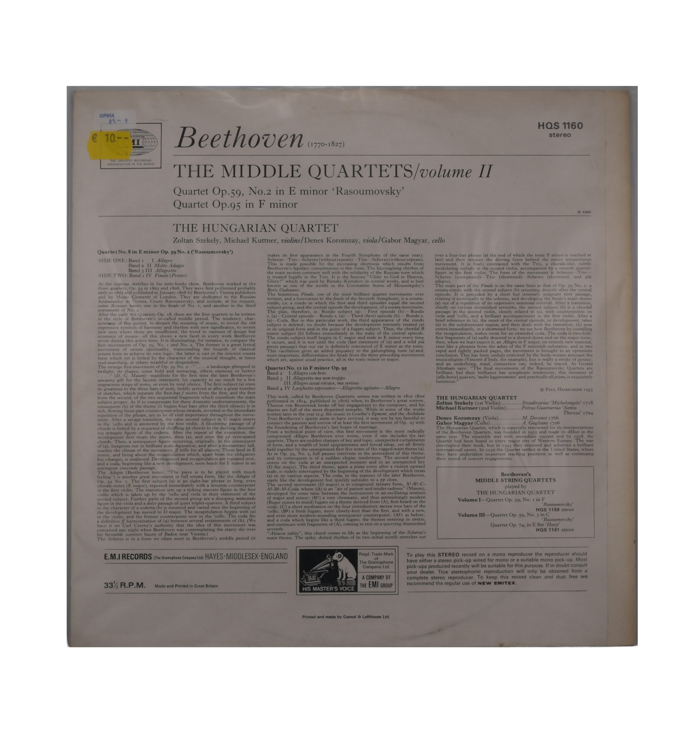 Beethoven Quartet 8 in E Minor - 1968 His Master's Voice - Stereo – Image 2