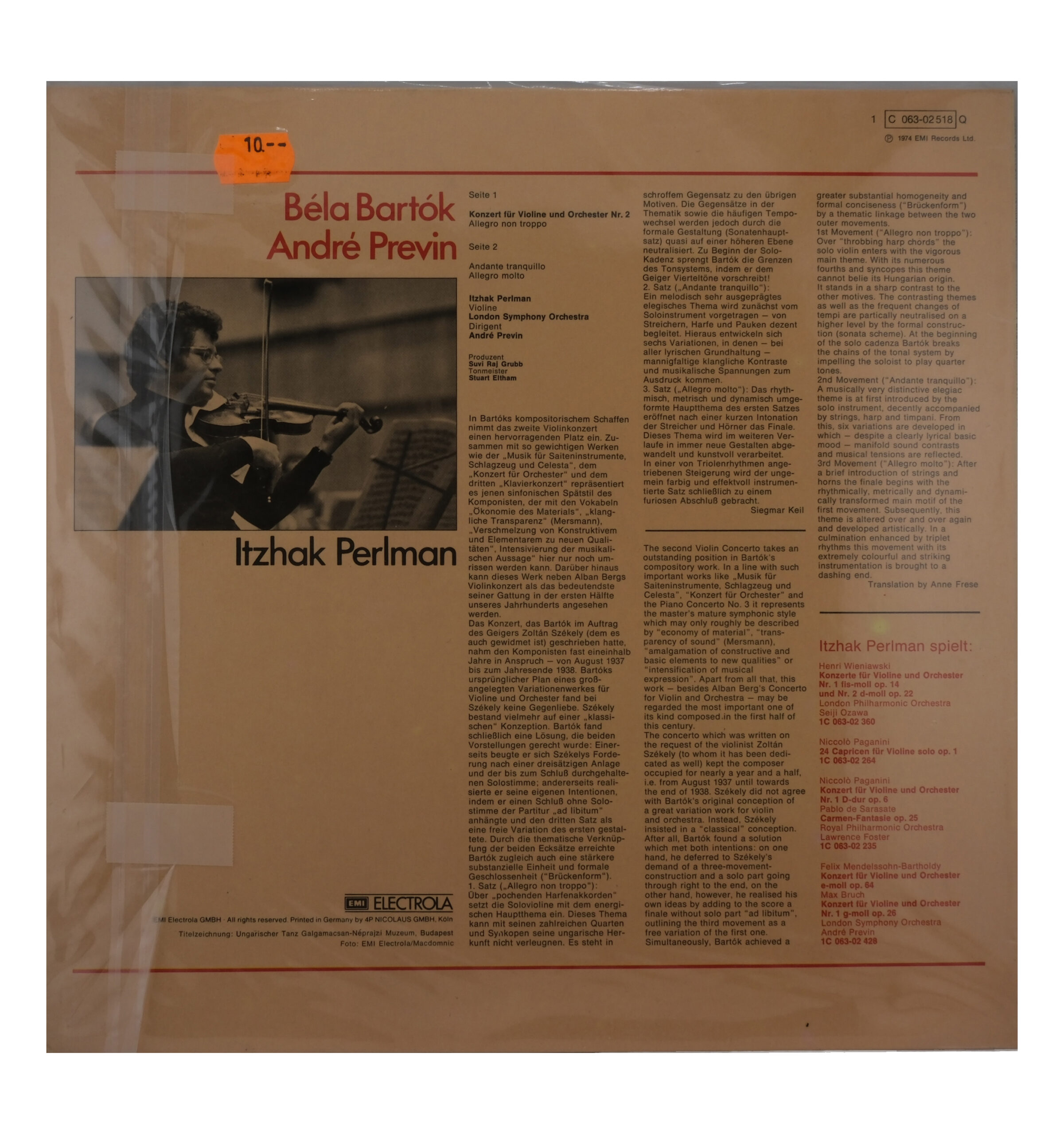Bartok, Previn/Perlman - Concerto Violon No 2 - 1974