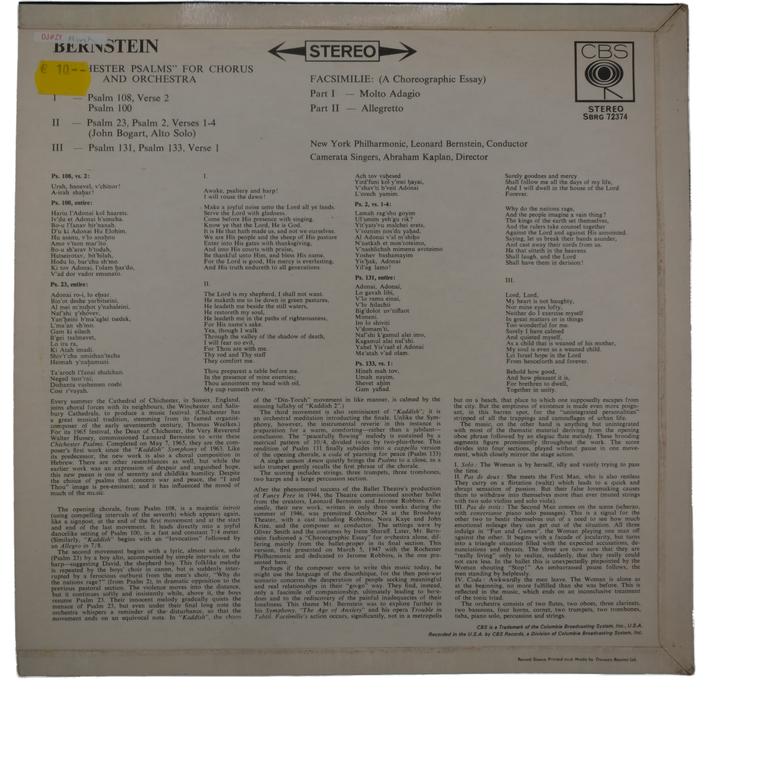 Leonard Bernstein Chichester Psalms 1965 Columbia Stereo – Image 2