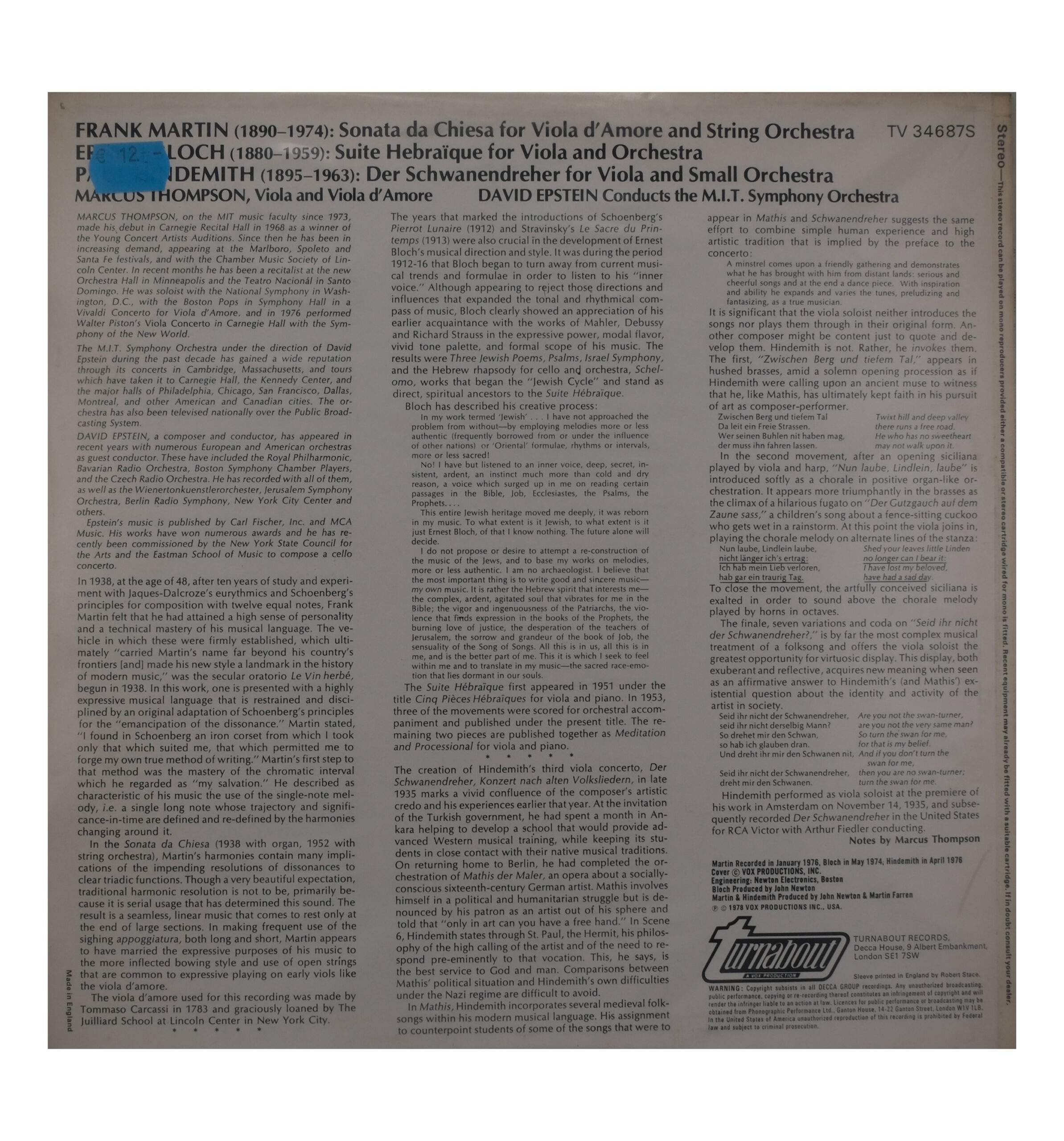 Bloch, Hindemith: Œuvres pour Alto - Marcus Thompson (1977) – Image 2