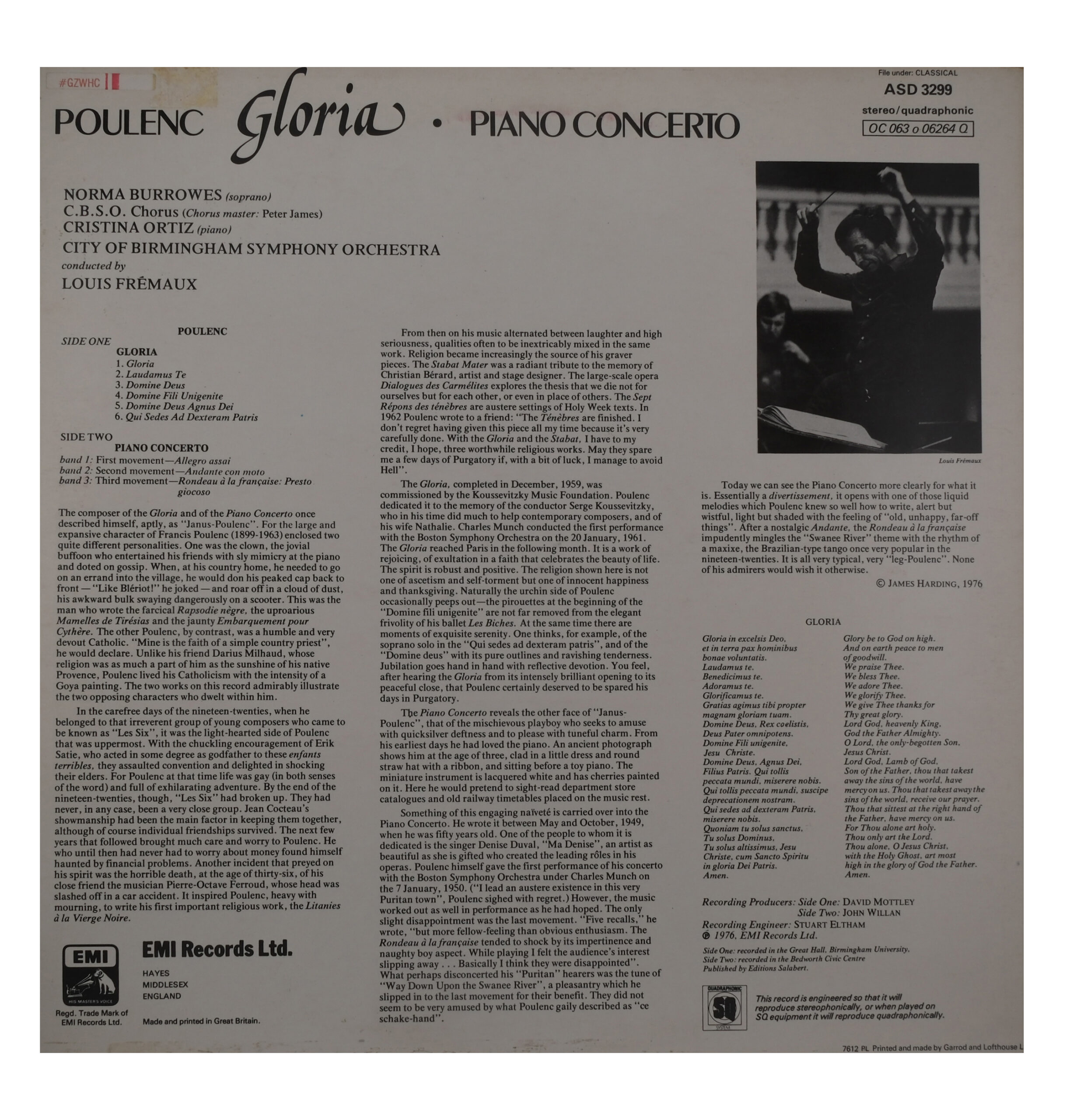 Poulenc Gloria Concerto Piano Fremaux Burrowes 1976 – Image 2