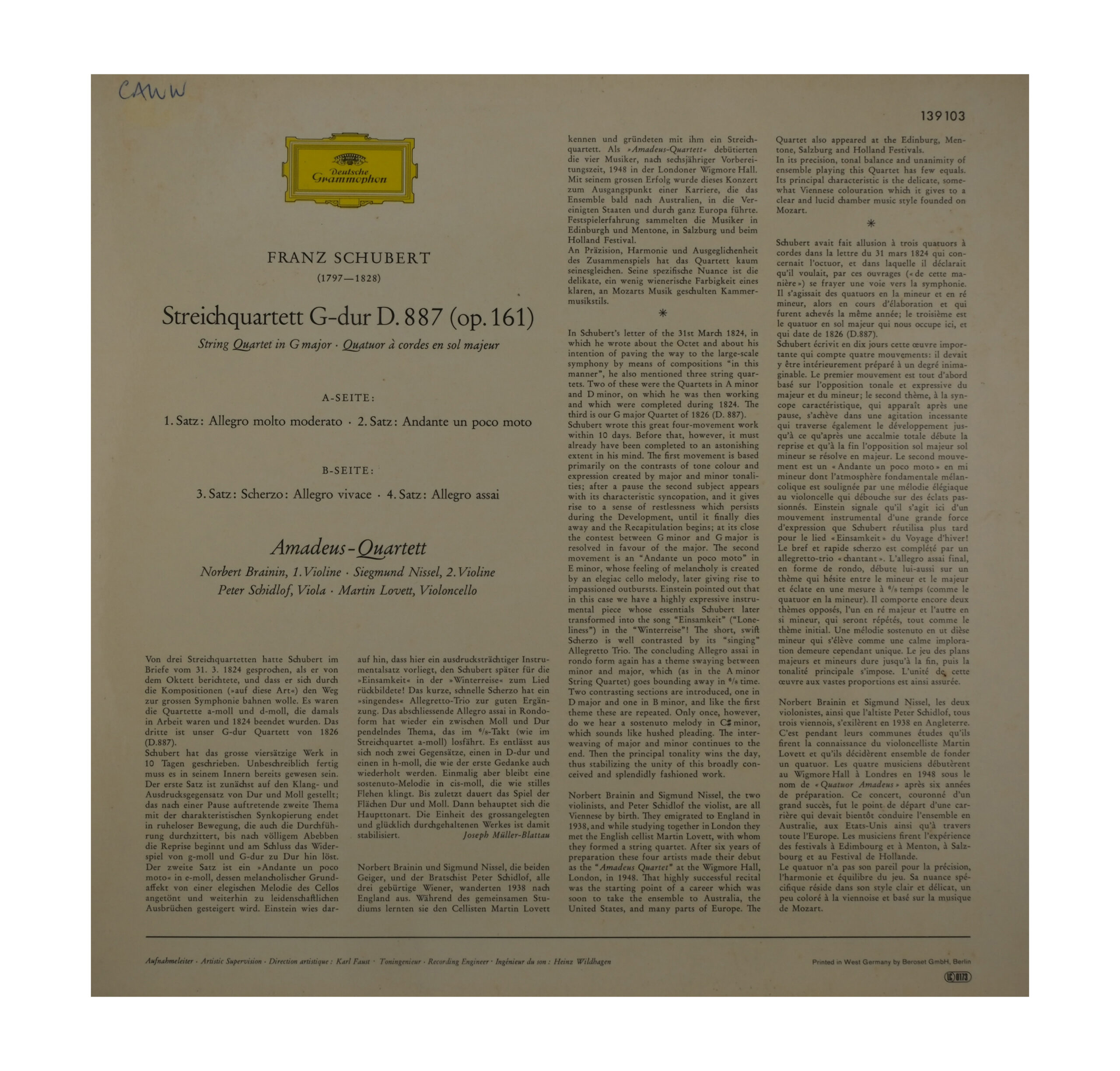 Schubert: Streichquartett G-dur D.887 Amadeus Quartett DG Stereo – Image 2