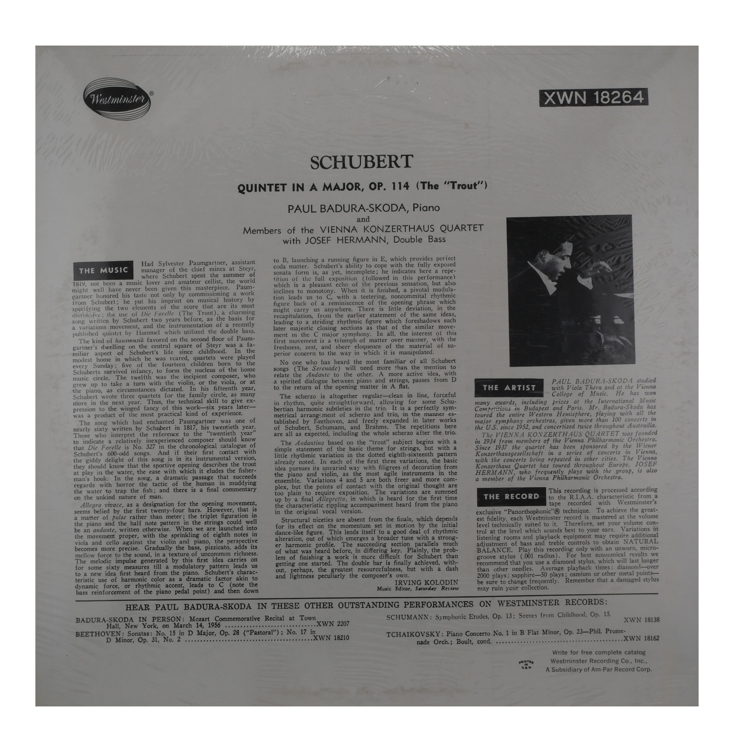 Schubert: Trout Quintet 1956 Westminster Mono – Image 2