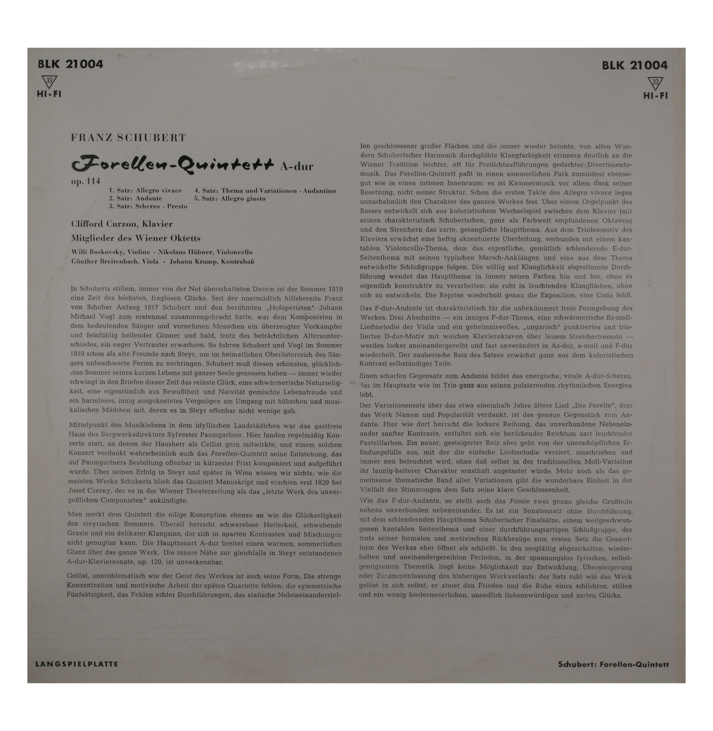 Schubert - Curzon, Boskovsky : Quintette de la Truite (Decca)