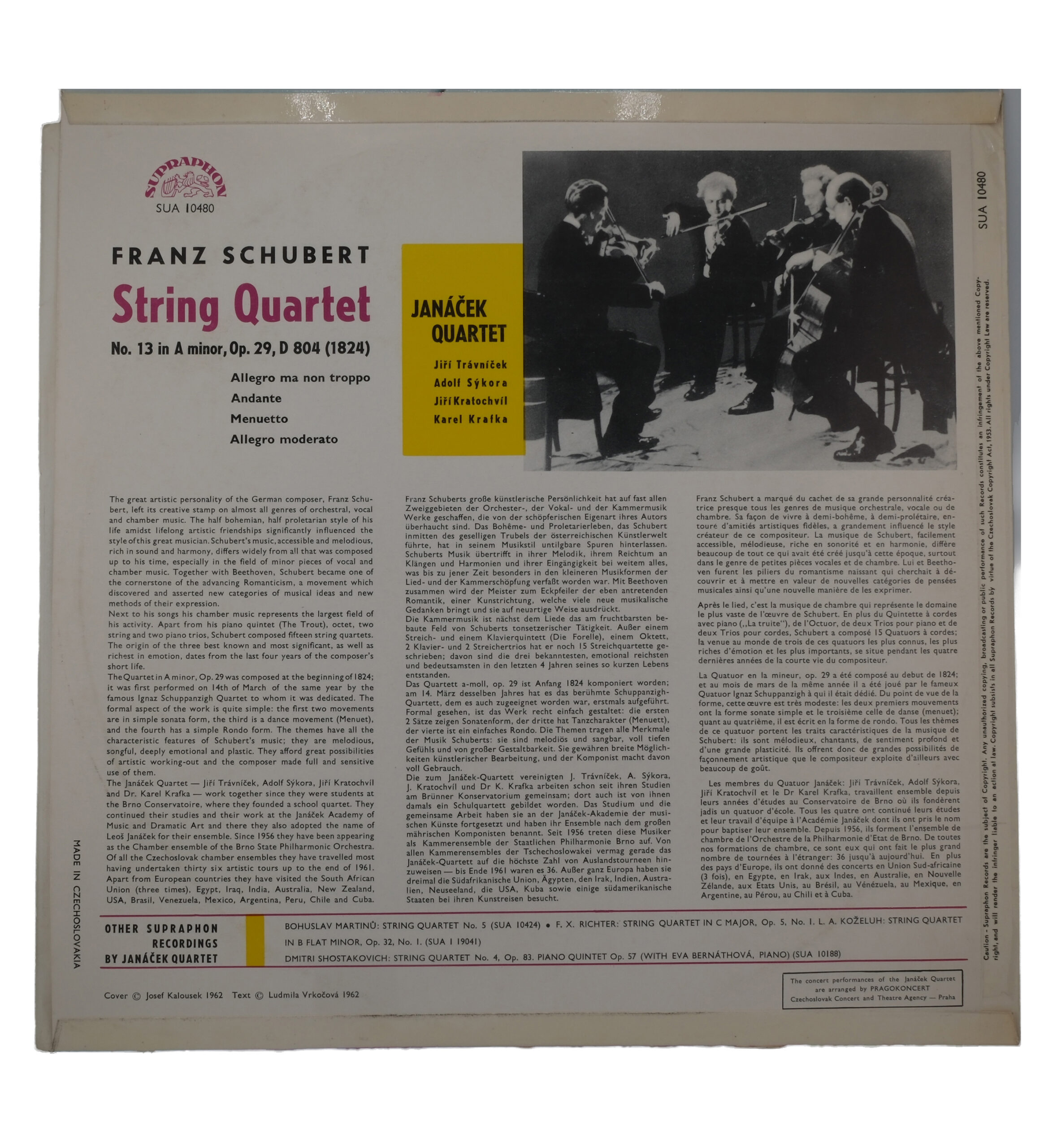 Schubert - Quatuor en La Mineur, Janáček Quartet, 1962 – Image 2