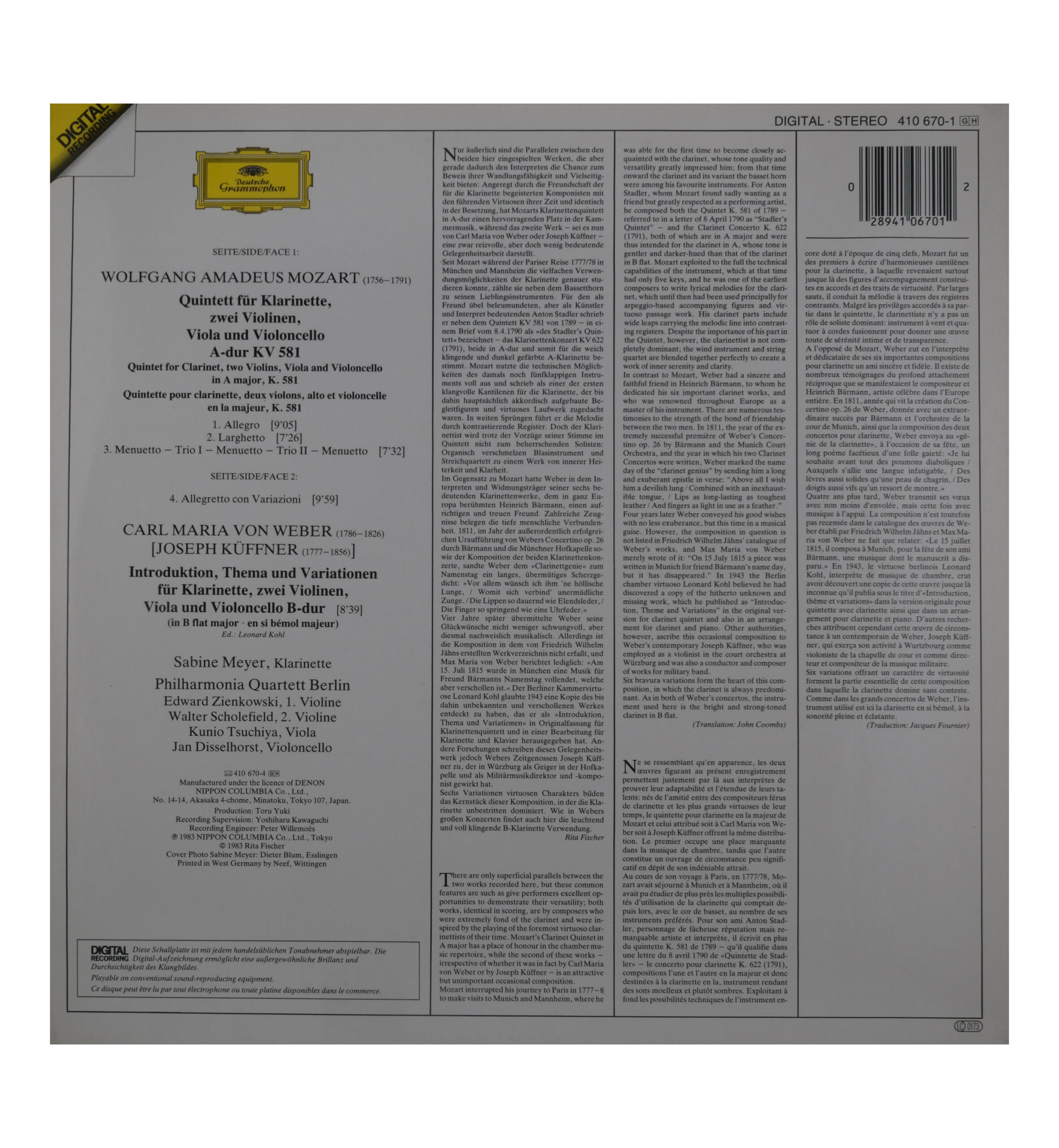Mozart Sabine Meyer Quintette Clarinet 1983 Deutsche Gram. – Image 2