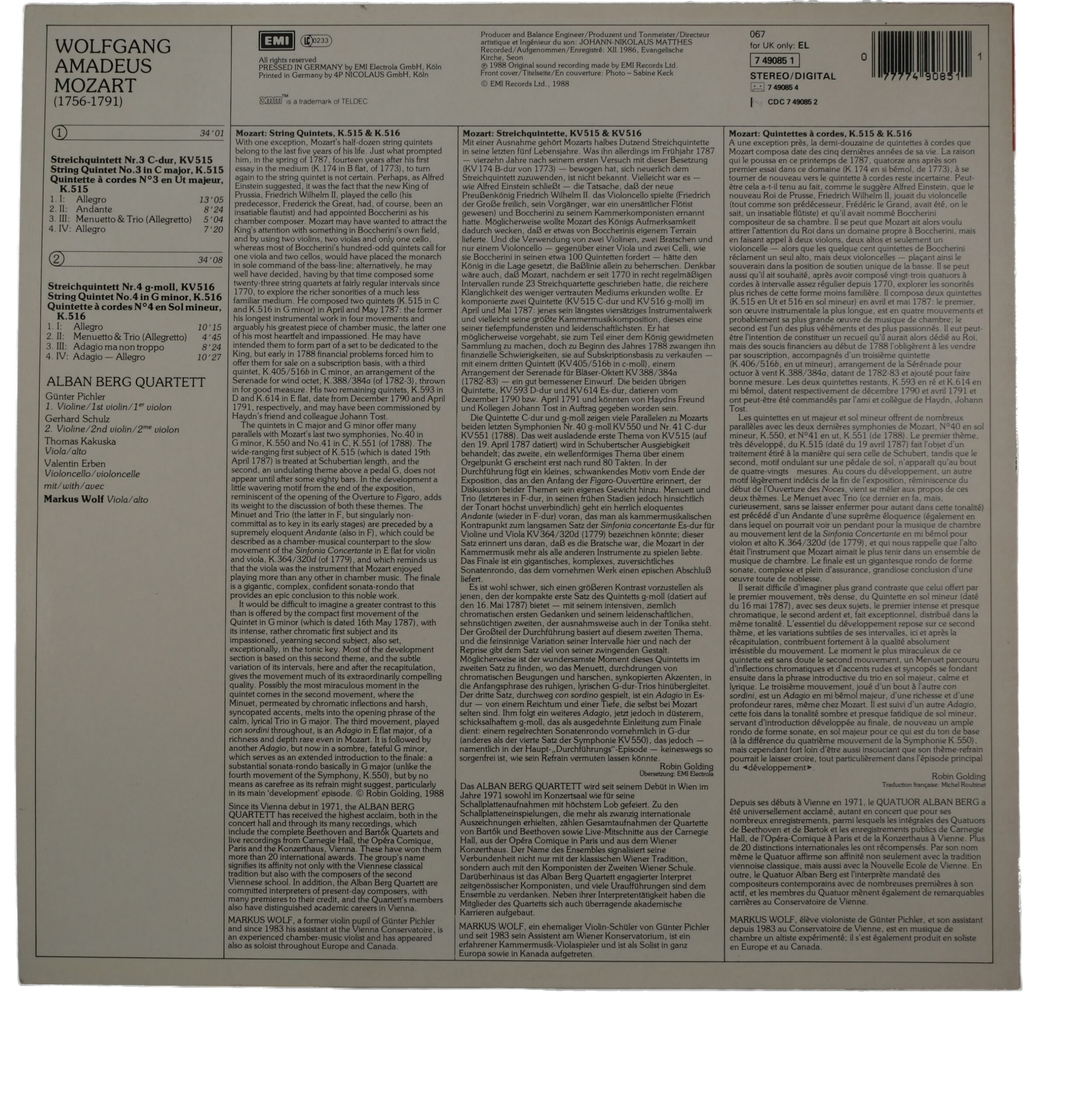 Mozart String Quintets KV 515 KV 516 (1988) His Master's Voice – Image 2