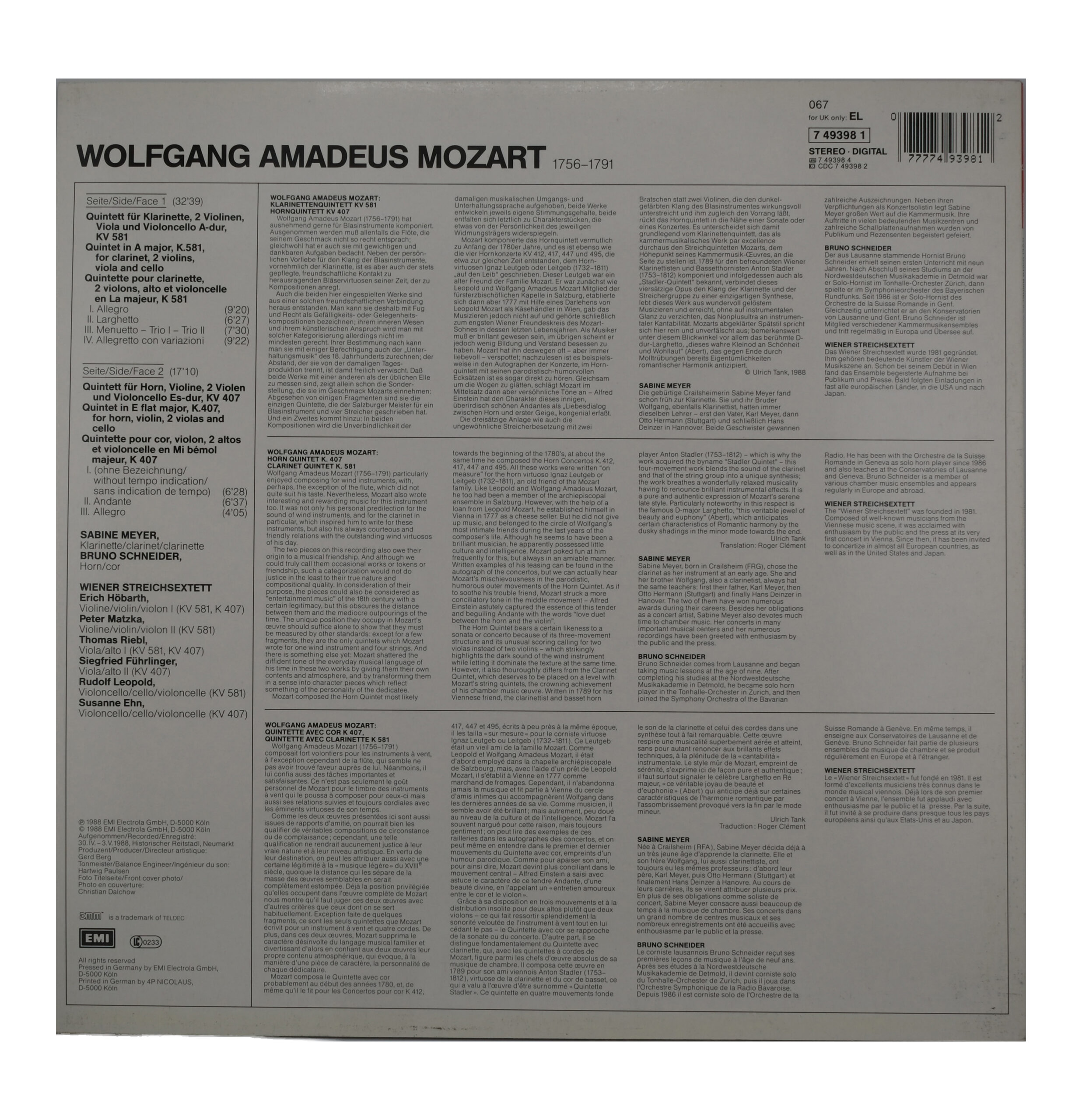 Mozart Quintet Wiener Streichsextett 1988 His Master's Voice – Image 2