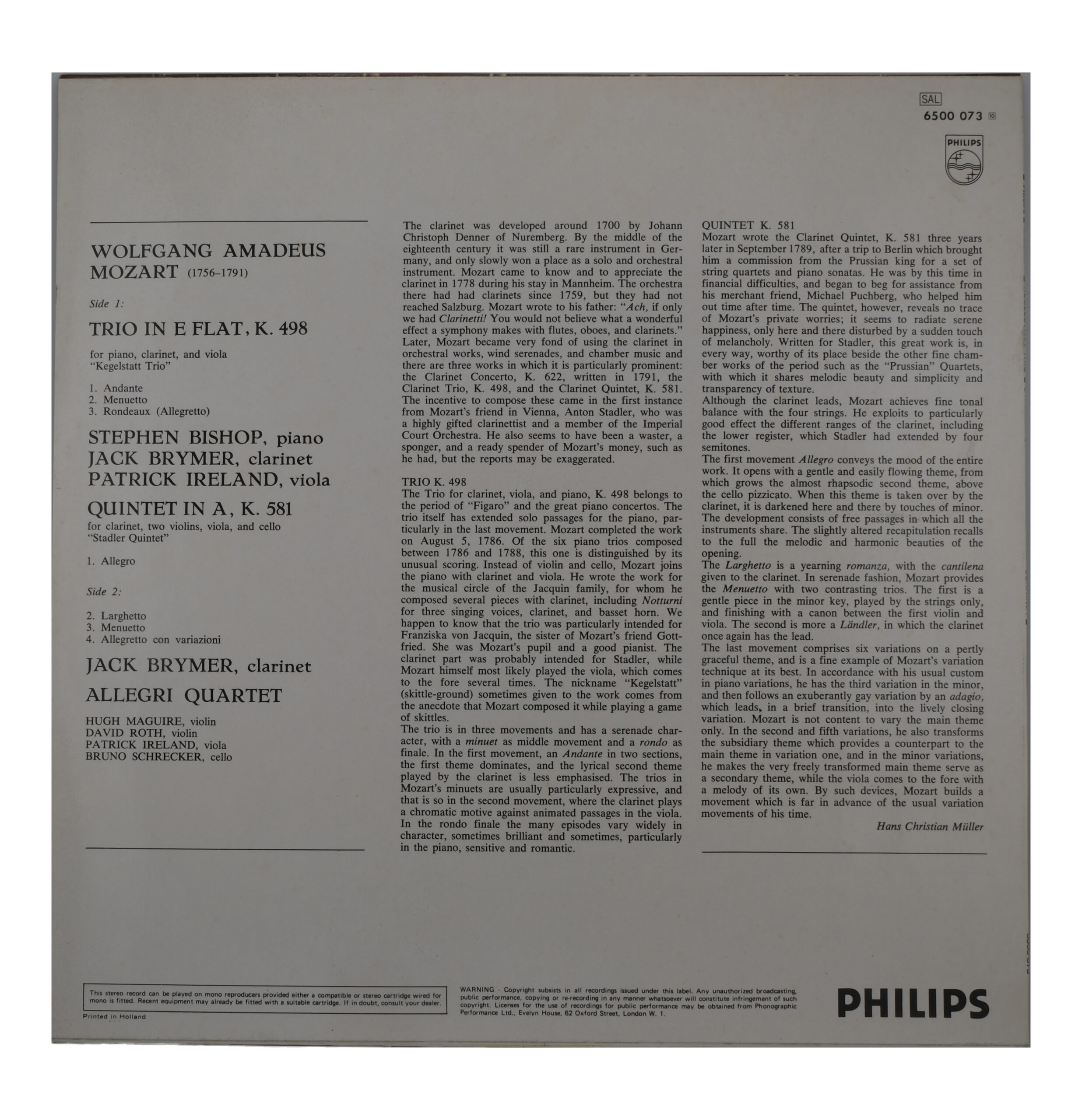 Mozart: Kegelstatt Trio & Stadler Quintet, Bishop, Brymer, Ireland, Philips – Image 2