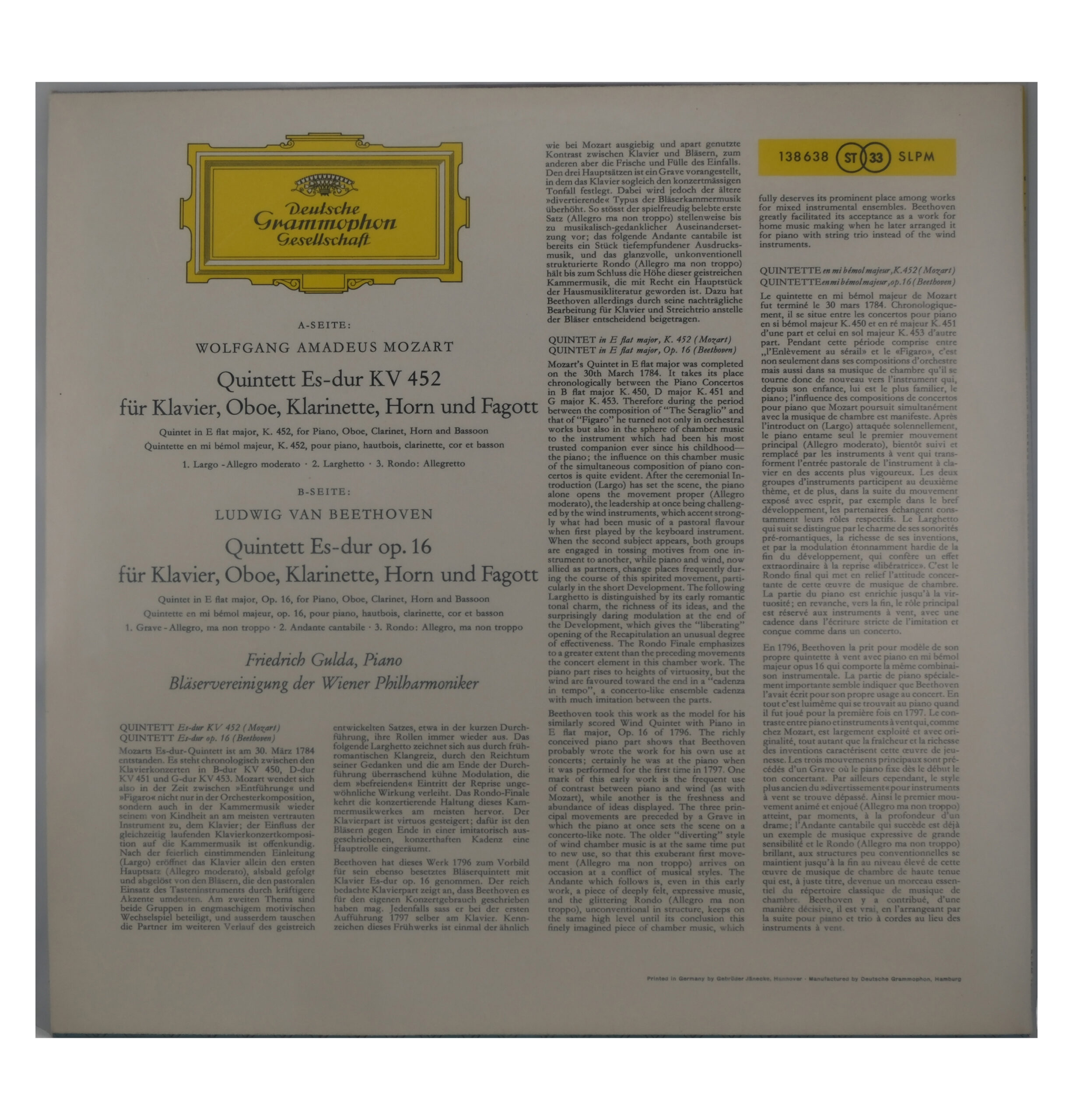 Mozart Beethoven-Gulda Quintette Piano-OEuvre 1960 DG Stereo – Image 2
