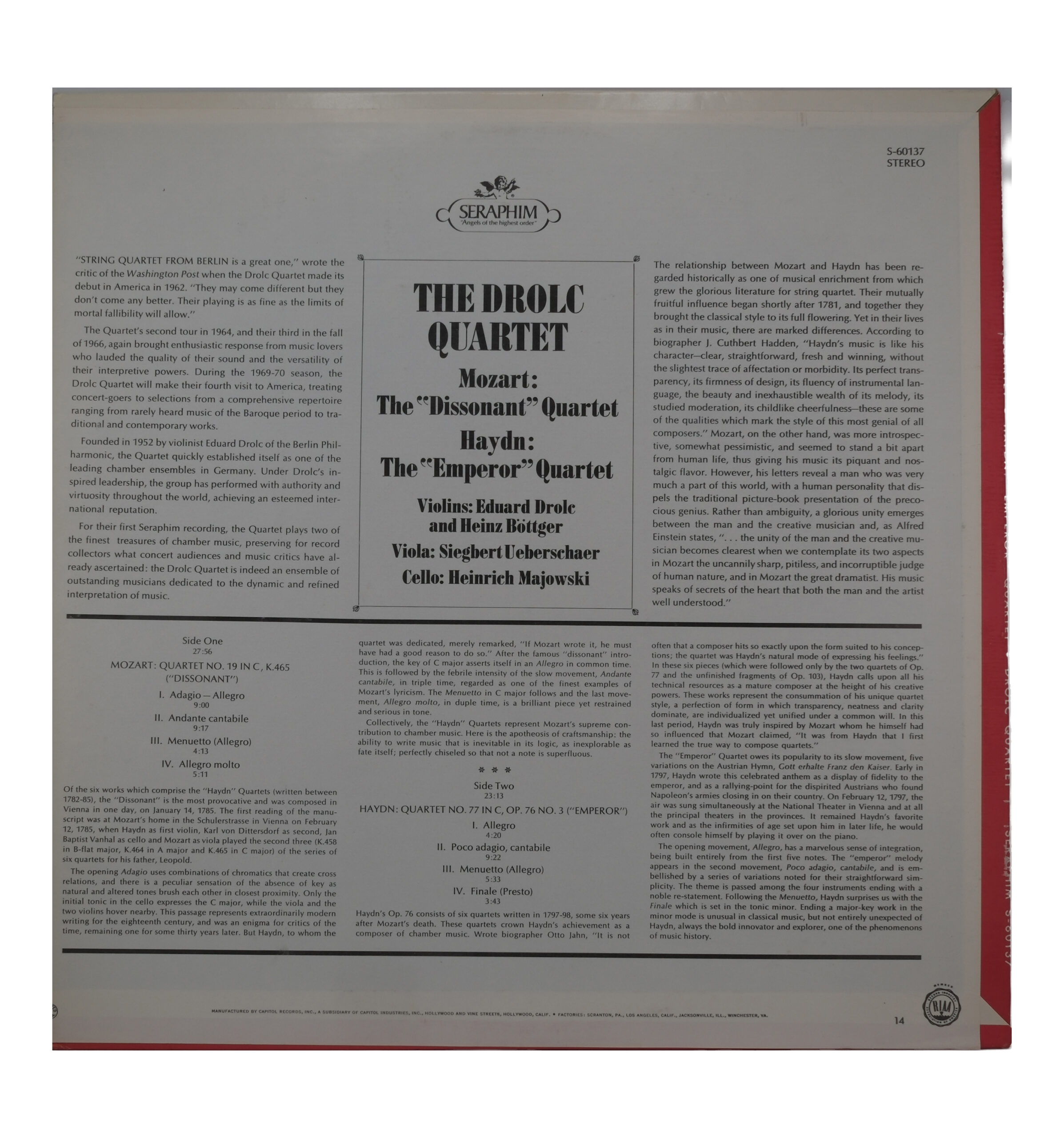 Mozart Haydn Quartet Dissonant Emperor Drolc Seraphim Stereo 1970 – Image 2