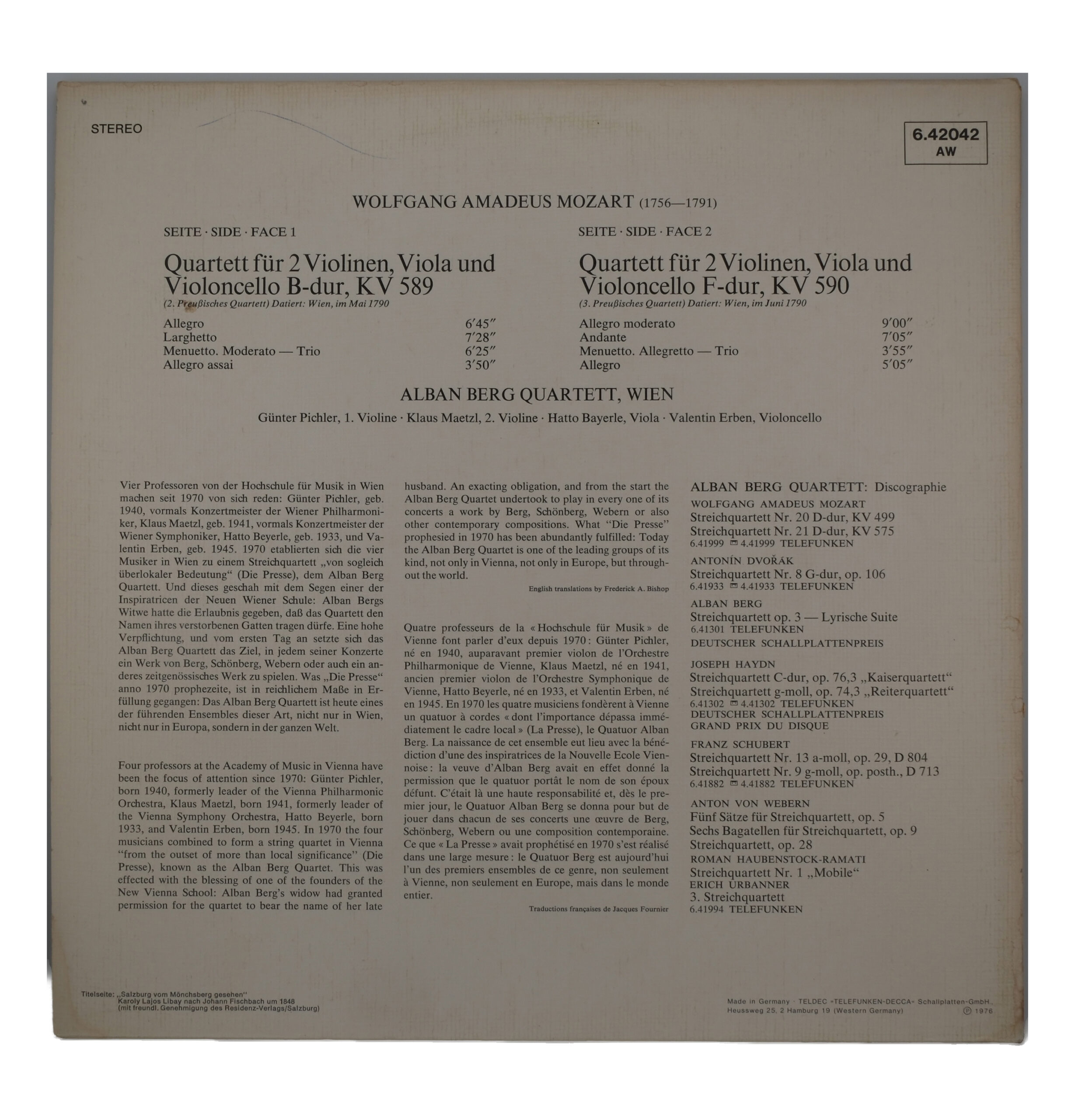 Mozart - Alban Berg Quartett - Quatuors No. 22 & 23 (1976)