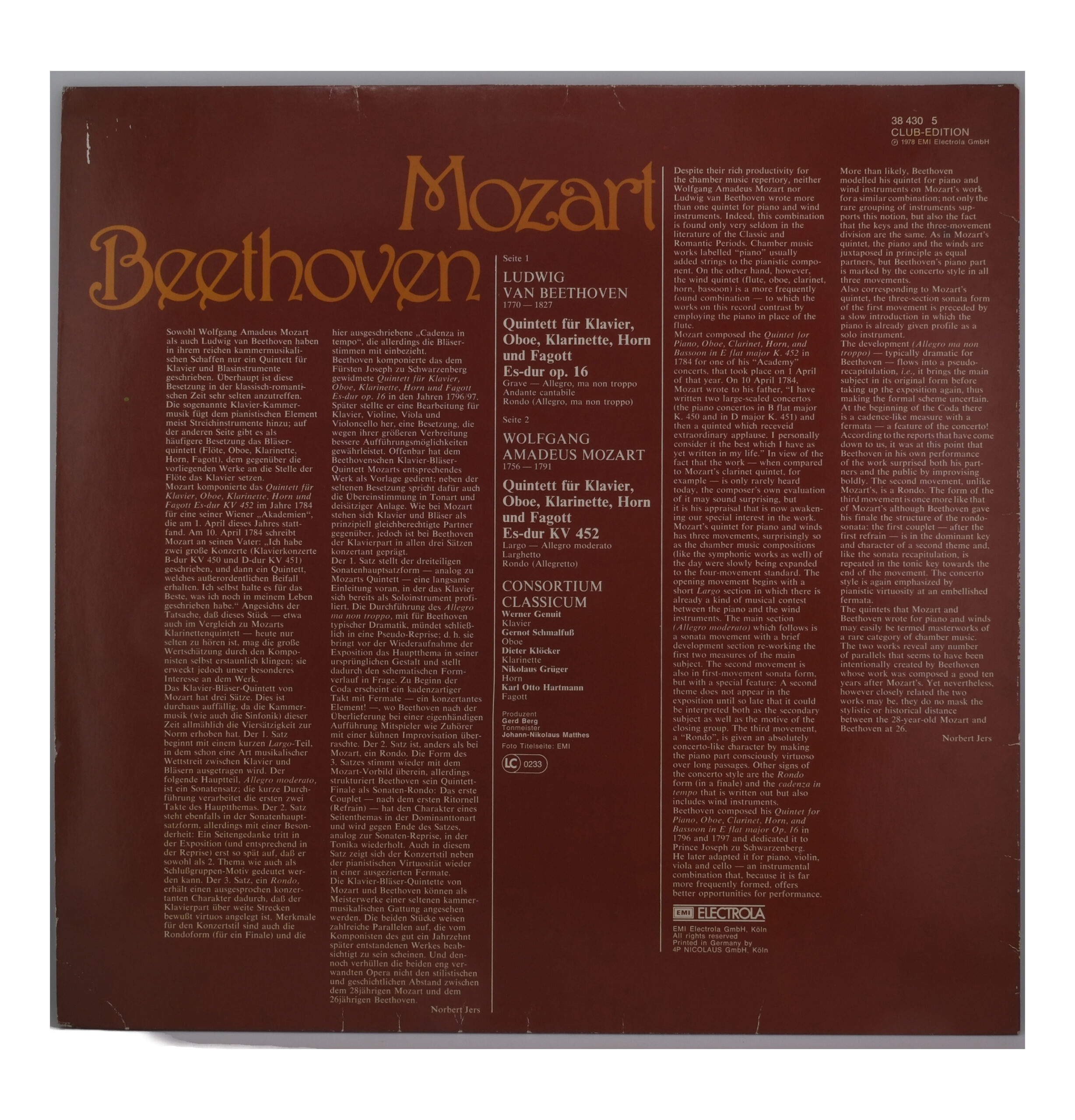 Mozart Beethoven Quintett 1978 His Master's Voice LP – Image 2